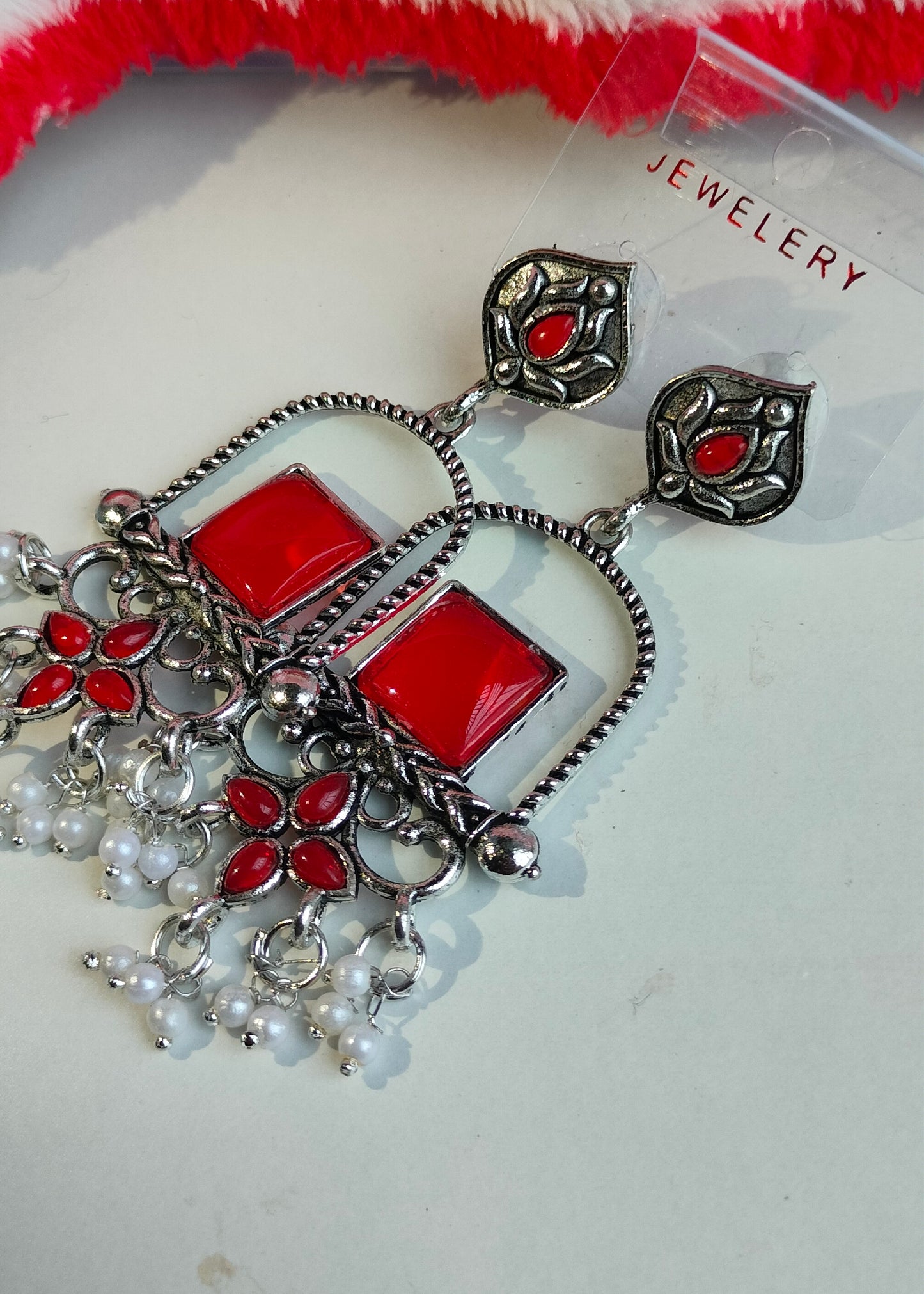 Oxidised Silver Red Square Dangler Earrings with Pearl Drops – Party Wear Jewelry for Women & Girls