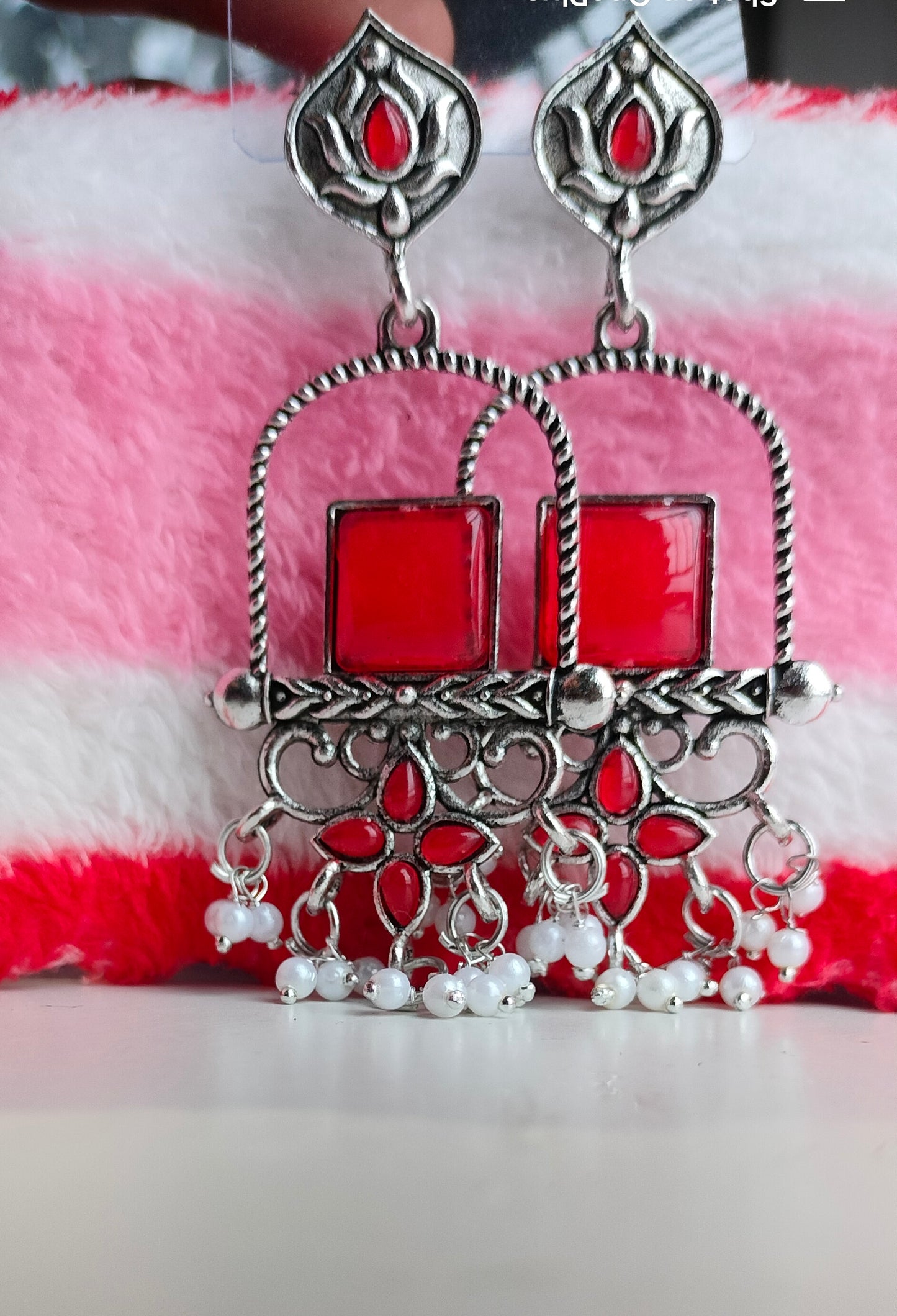 Oxidised Silver Red Square Dangler Earrings with Pearl Drops – Party Wear Jewelry for Women & Girls