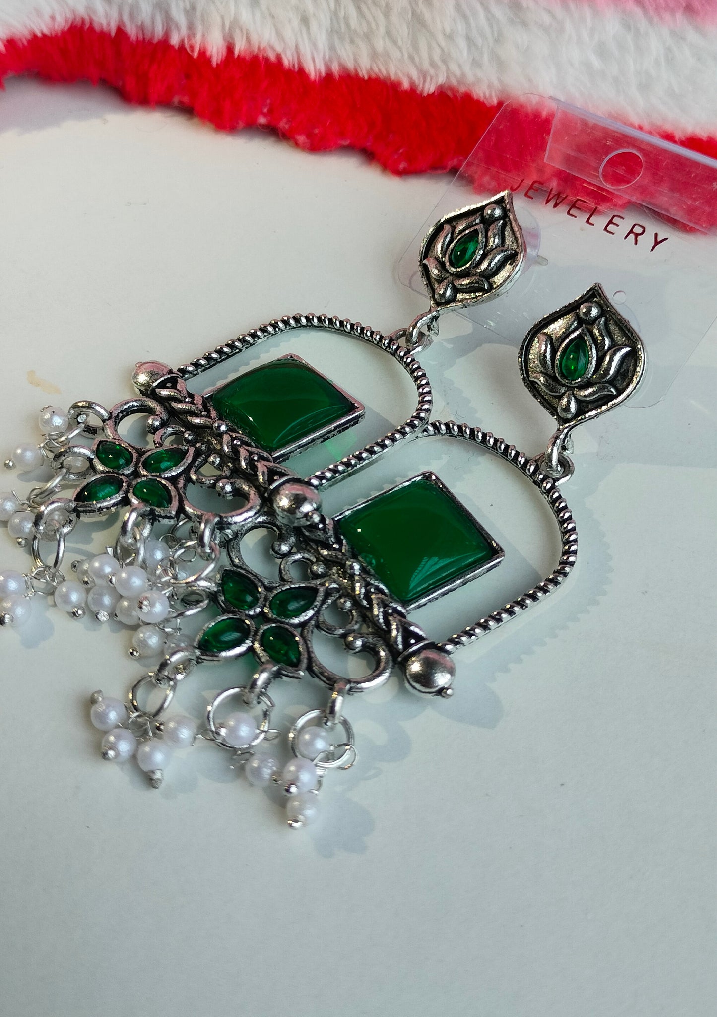 Oxidised Silver Green Square Dangler Earrings with Pearl Drops – Party Wear Jewelry for Women & Girls