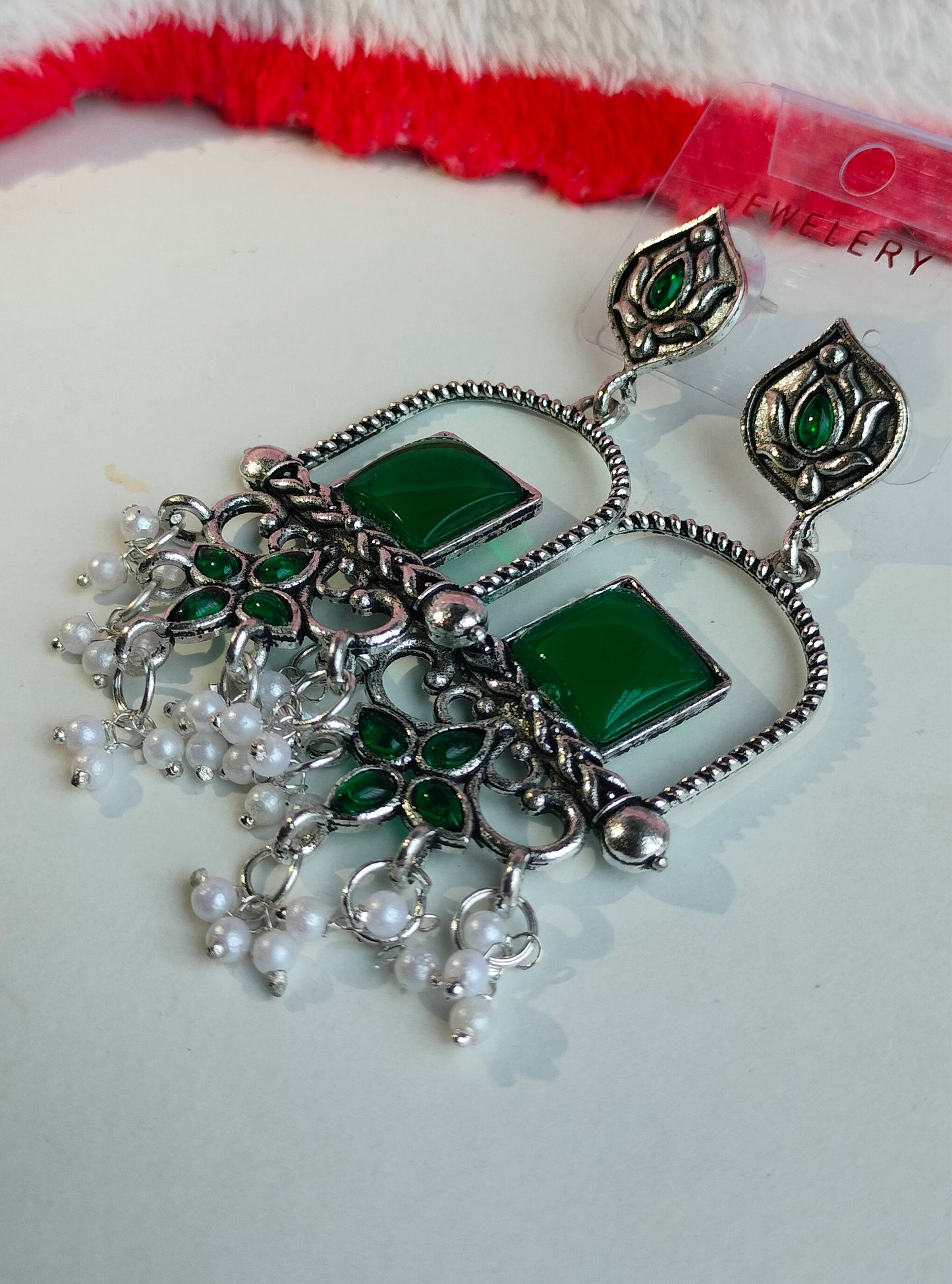 Oxidised Silver Green Square Dangler Earrings with Pearl Drops – Party Wear Jewelry for Women & Girls