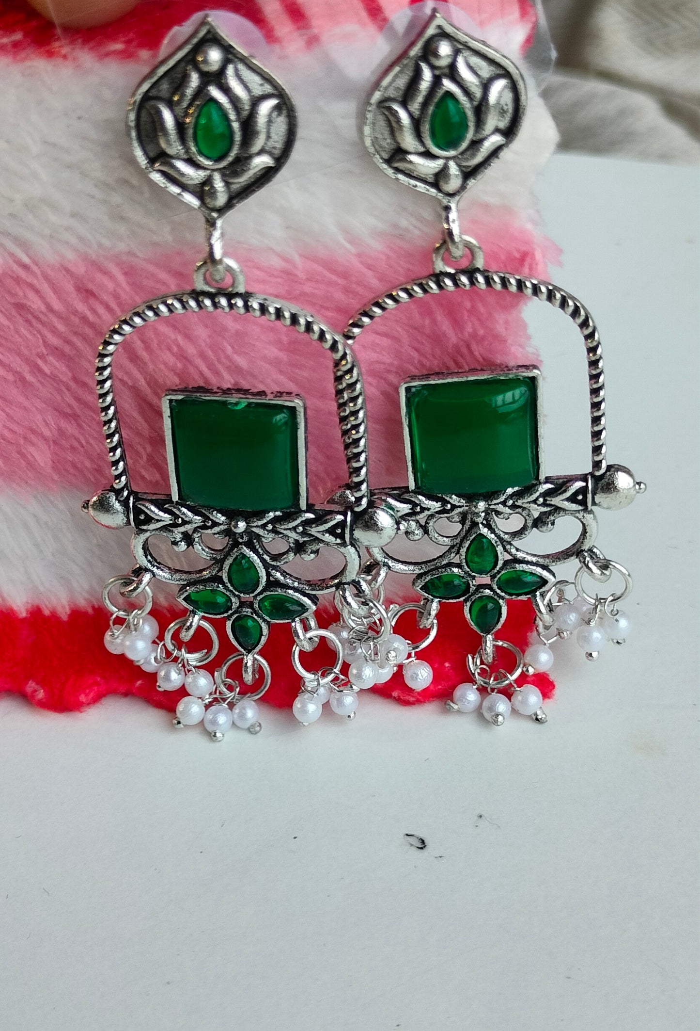 Oxidised Silver Green Square Dangler Earrings with Pearl Drops – Party Wear Jewelry for Women & Girls