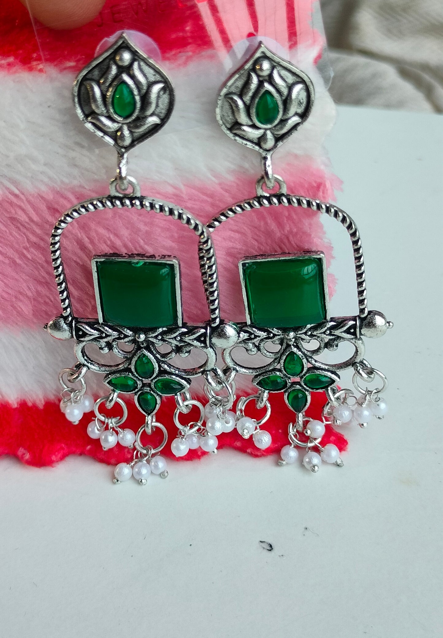 Oxidised Silver Green Square Dangler Earrings with Pearl Drops – Party Wear Jewelry for Women & Girls