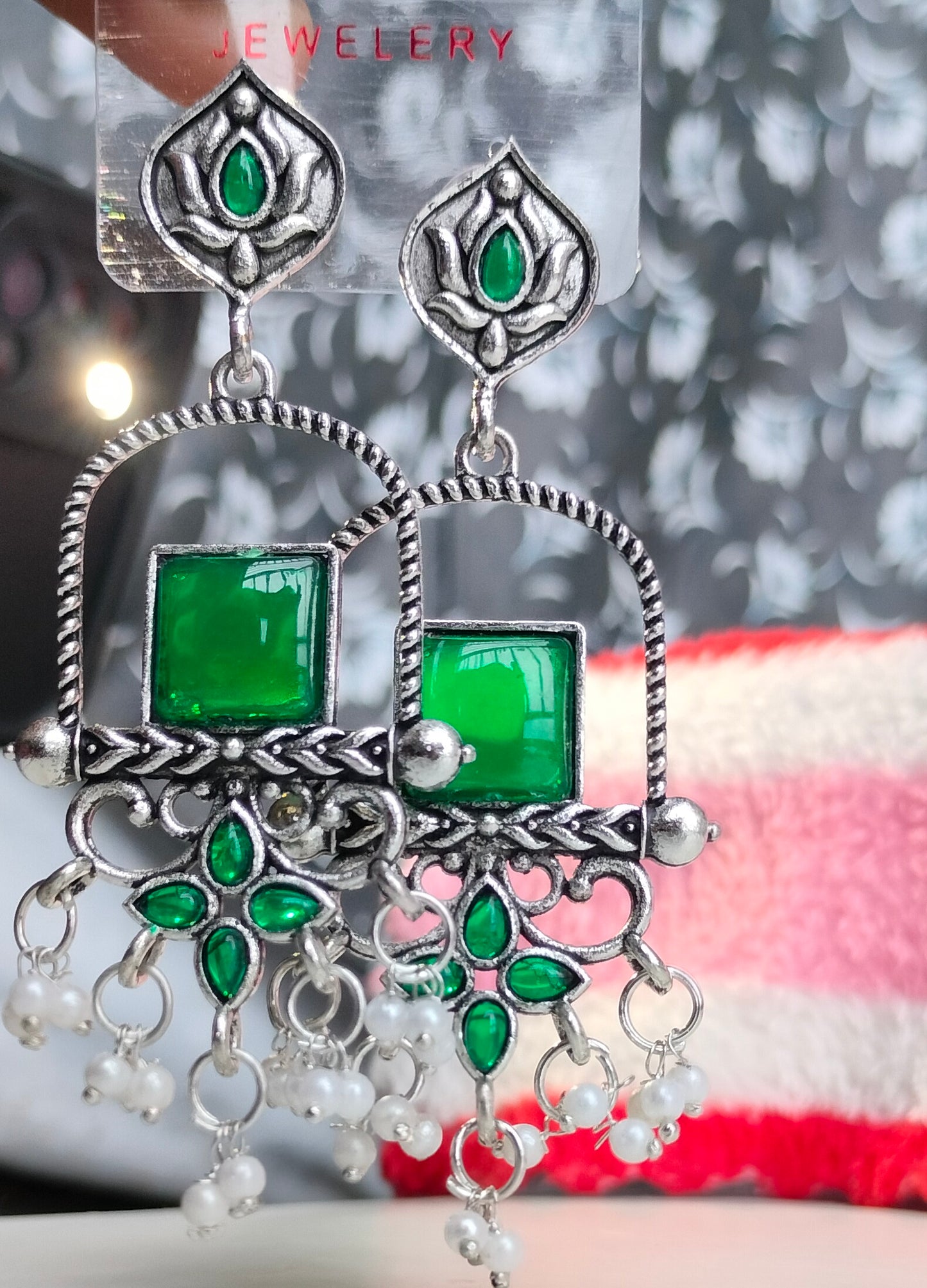 Oxidised Silver Green Square Dangler Earrings with Pearl Drops – Party Wear Jewelry for Women & Girls
