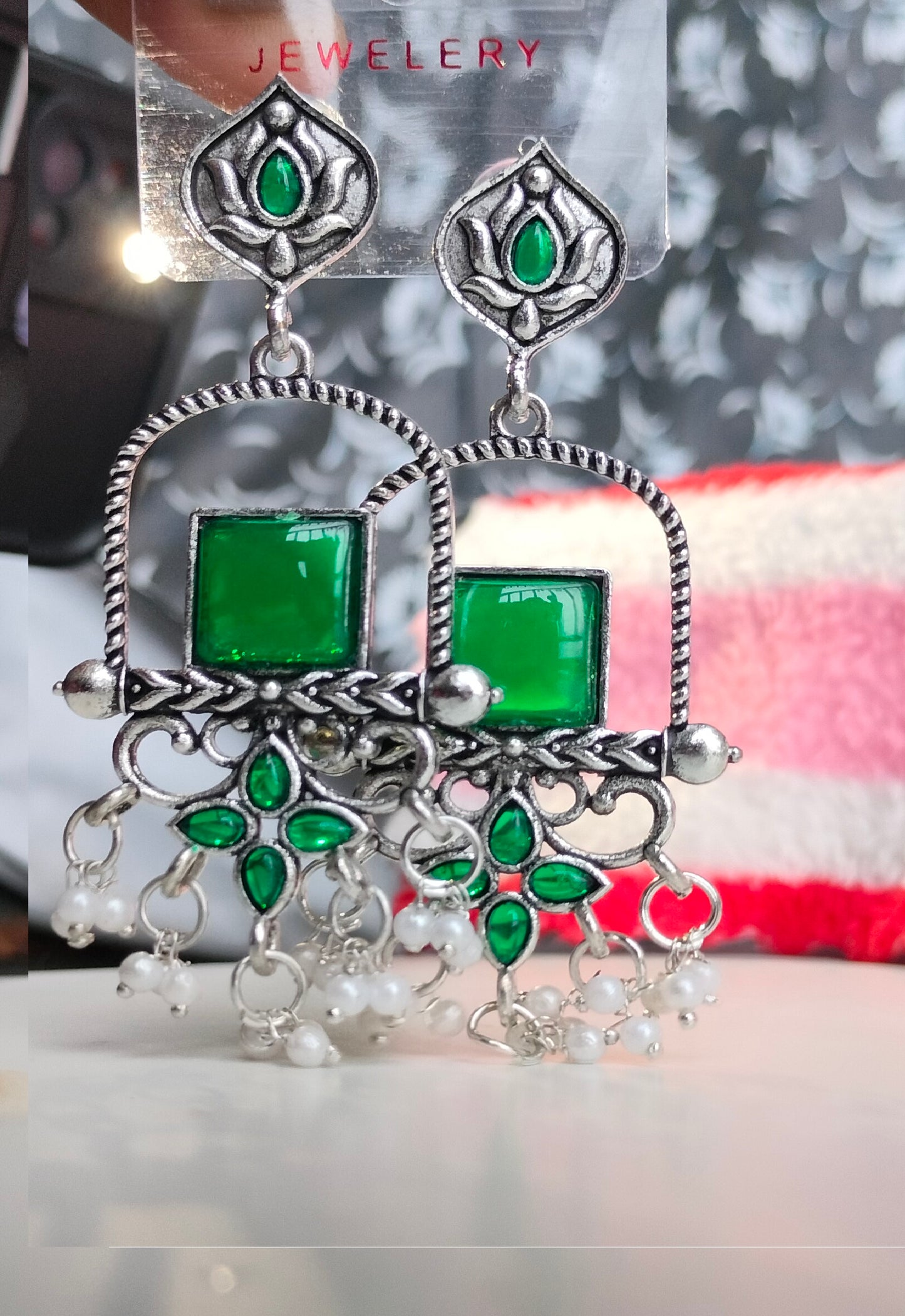 Oxidised Silver Green Square Dangler Earrings with Pearl Drops – Party Wear Jewelry for Women & Girls