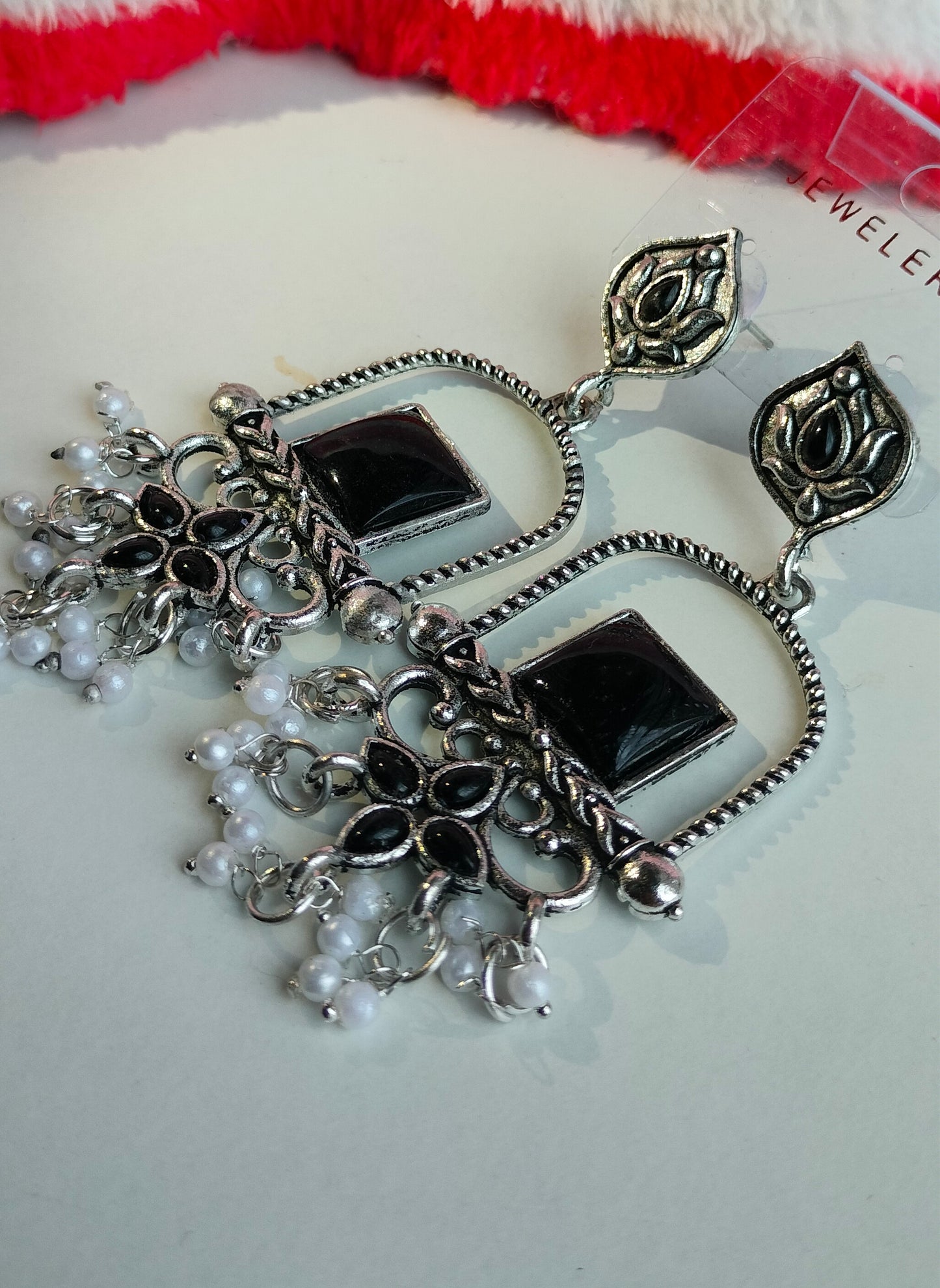 Oxidised Silver Black Square Dangler Earrings with Pearl Drops – Party Wear Jewelry for Women & Girls