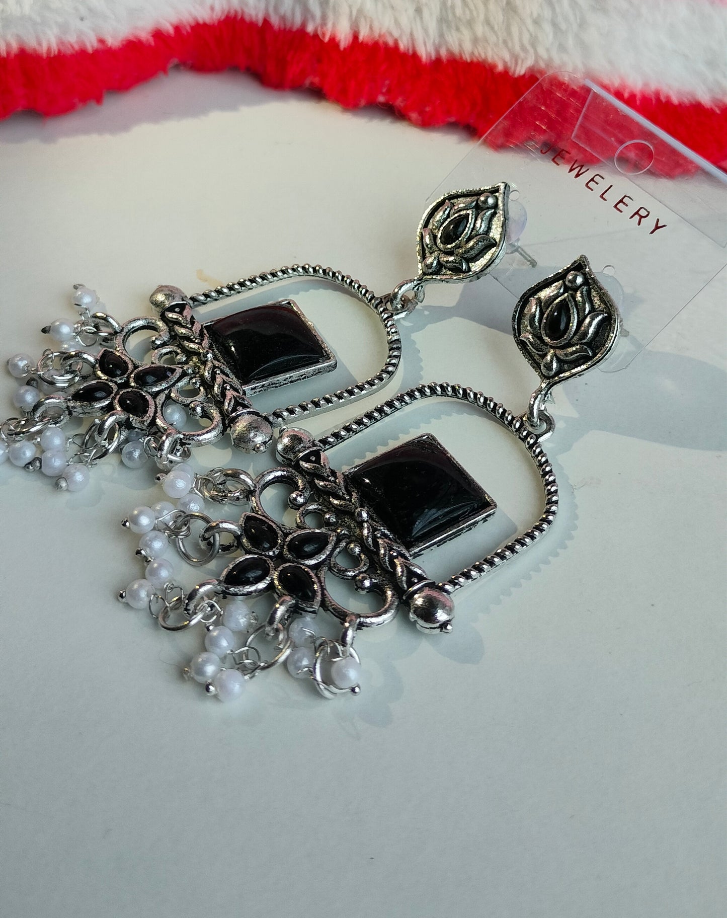 Oxidised Silver Black Square Dangler Earrings with Pearl Drops – Party Wear Jewelry for Women & Girls