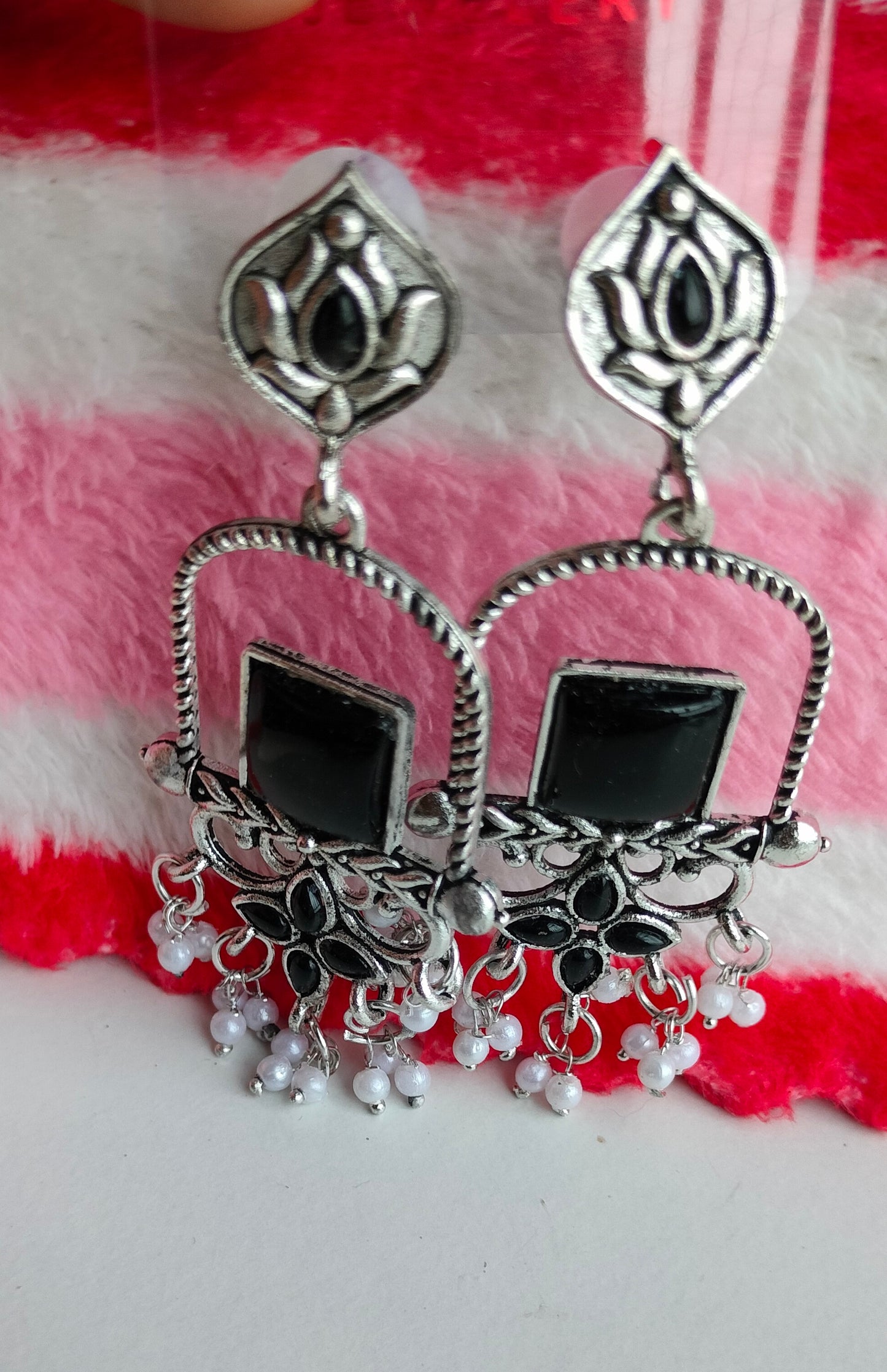 Oxidised Silver Black Square Dangler Earrings with Pearl Drops – Party Wear Jewelry for Women & Girls