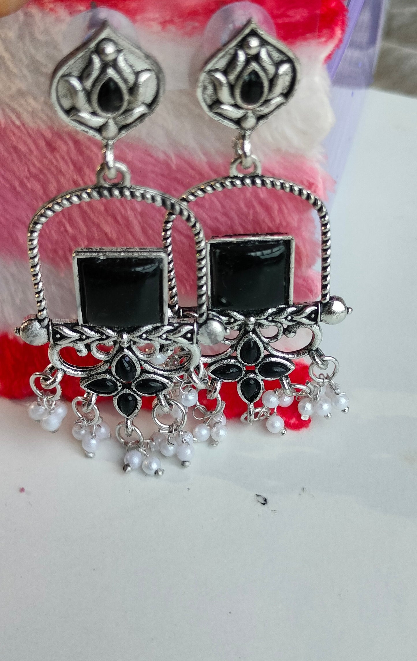 Oxidised Silver Black Square Dangler Earrings with Pearl Drops – Party Wear Jewelry for Women & Girls