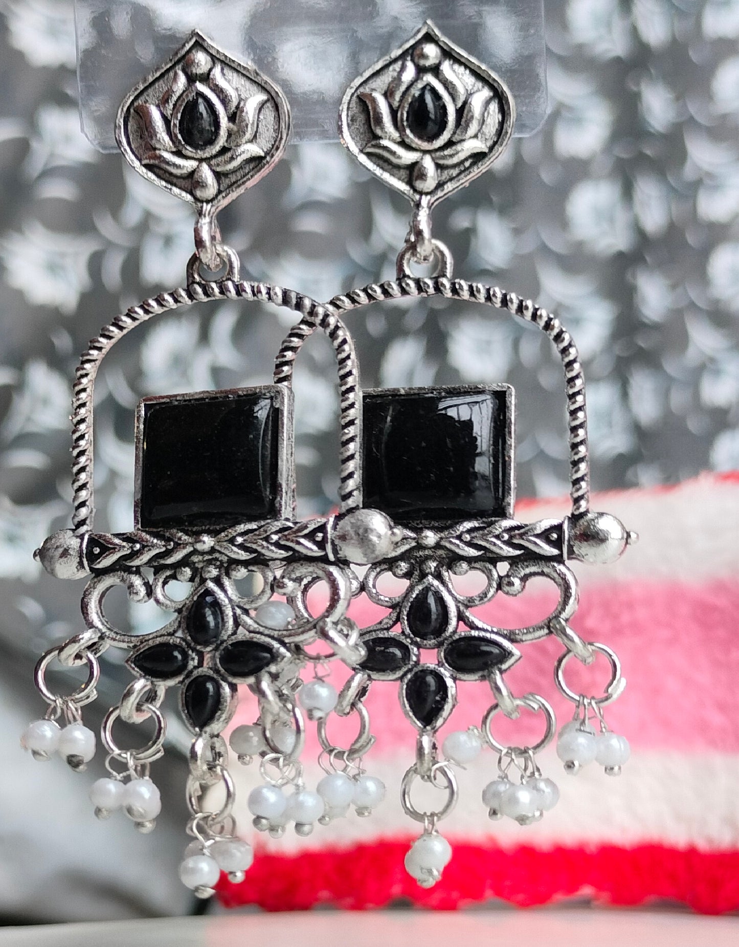 Oxidised Silver Black Square Dangler Earrings with Pearl Drops – Party Wear Jewelry for Women & Girls