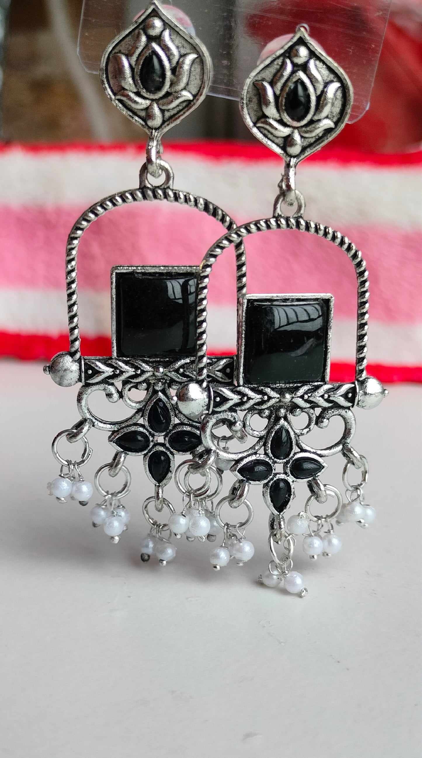 Oxidised Silver Black Square Dangler Earrings with Pearl Drops – Party Wear Jewelry for Women & Girls