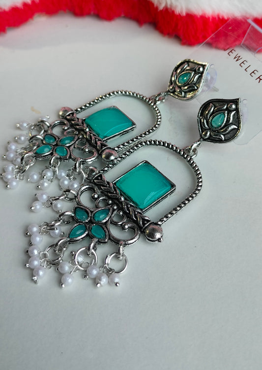 Oxidised Silver Rama Green Square Dangler Earrings with Pearl Drops – Party Wear Jewelry for Women & Girls