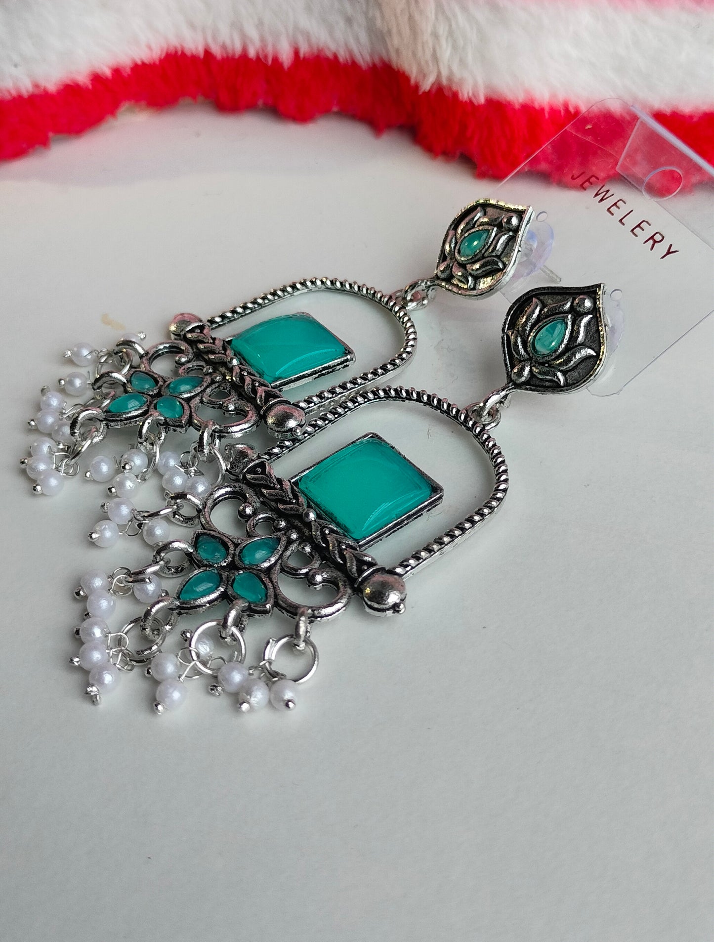 Oxidised Silver Rama Green Square Dangler Earrings with Pearl Drops – Party Wear Jewelry for Women & Girls