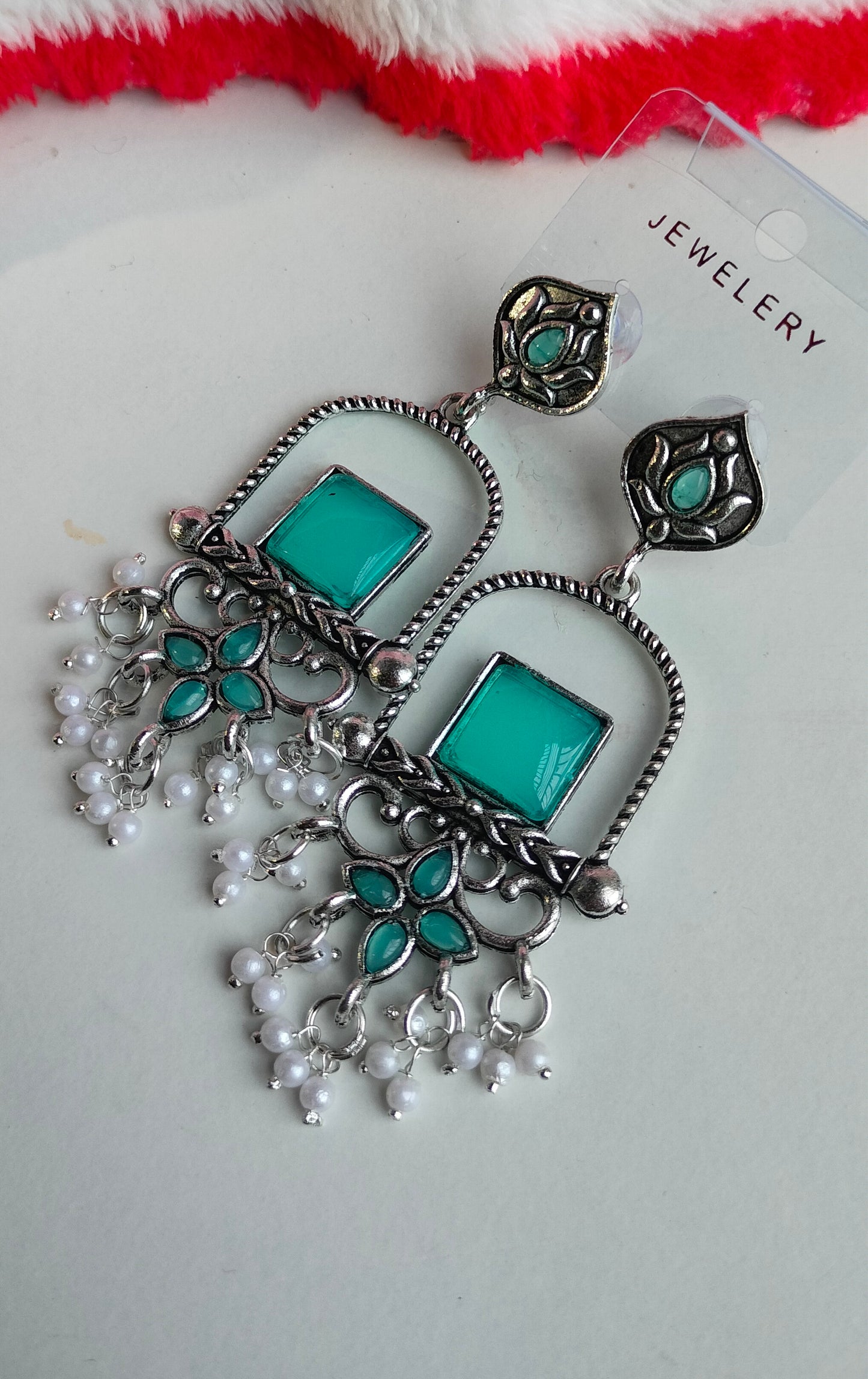 Oxidised Silver Rama Green Square Dangler Earrings with Pearl Drops – Party Wear Jewelry for Women & Girls