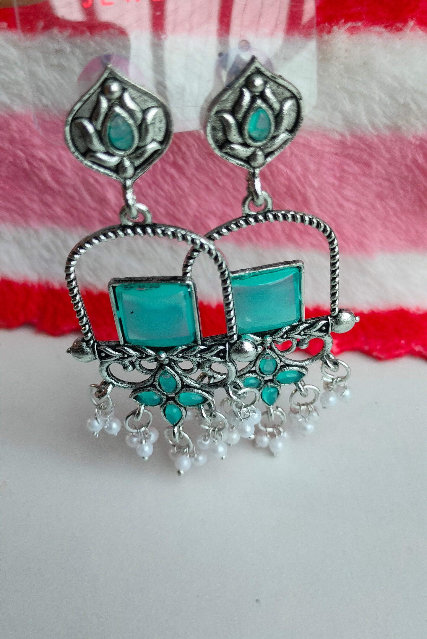 Oxidised Silver Rama Green Square Dangler Earrings with Pearl Drops – Party Wear Jewelry for Women & Girls