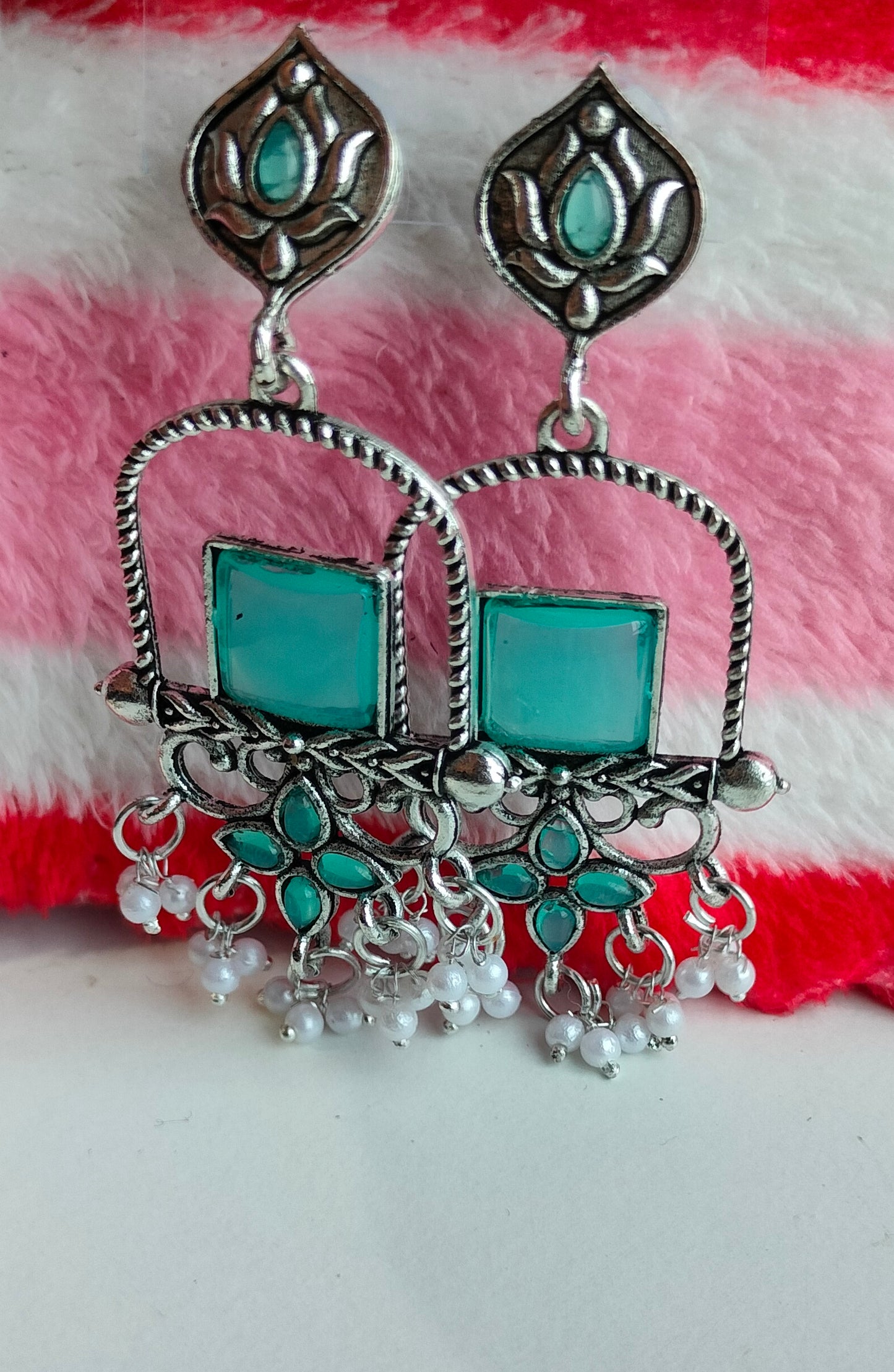 Oxidised Silver Rama Green Square Dangler Earrings with Pearl Drops – Party Wear Jewelry for Women & Girls