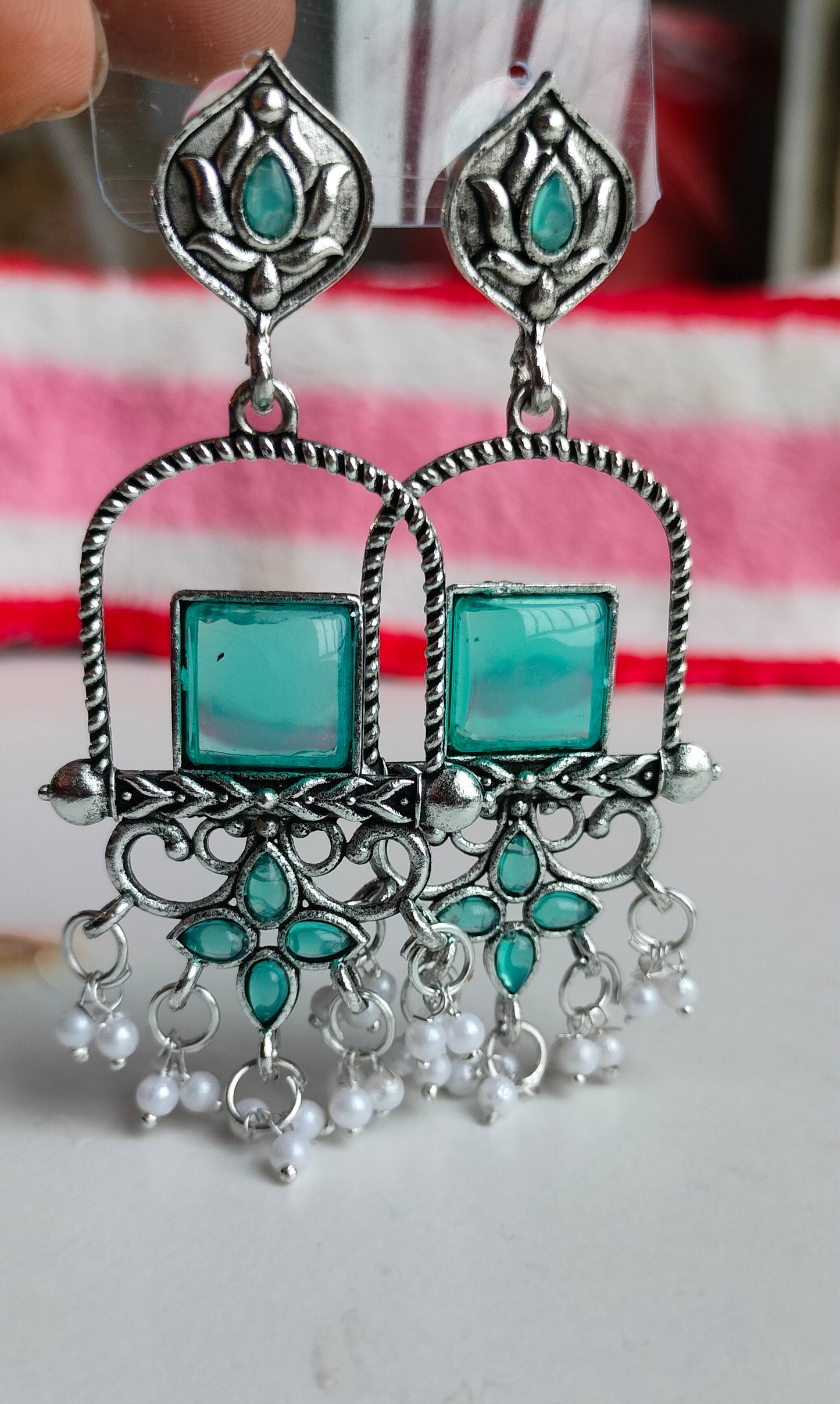 Oxidised Silver Rama Green Square Dangler Earrings with Pearl Drops – Party Wear Jewelry for Women & Girls
