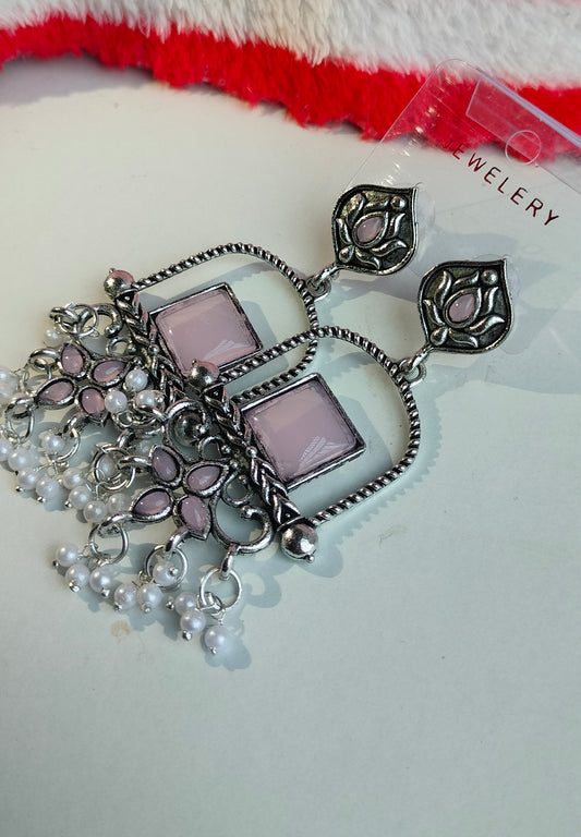 Oxidised Silver Light Pink Square Dangler Earrings with Pearl Drops – Party Wear Jewelry for Women & Girls
