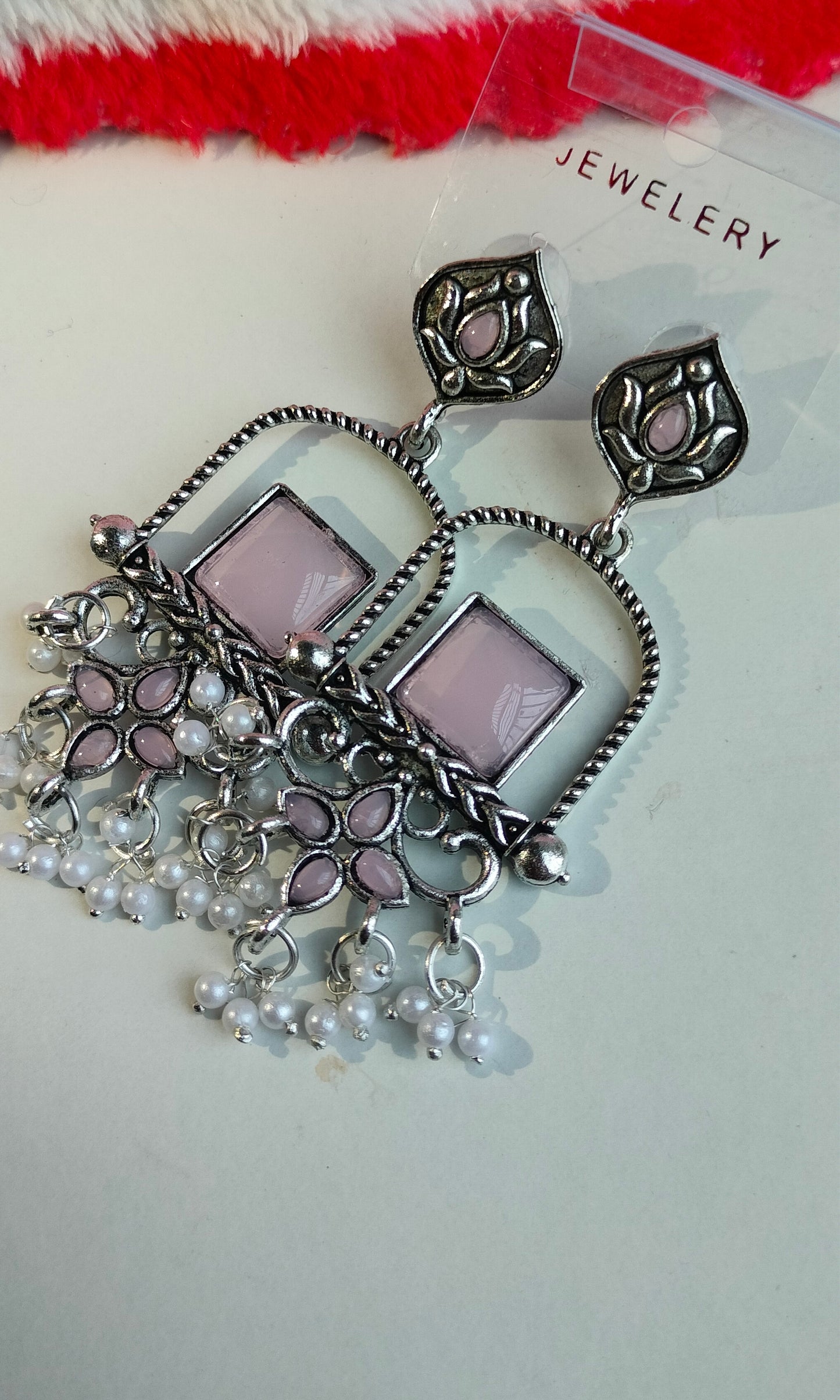 Oxidised Silver Light Pink Square Dangler Earrings with Pearl Drops – Party Wear Jewelry for Women & Girls