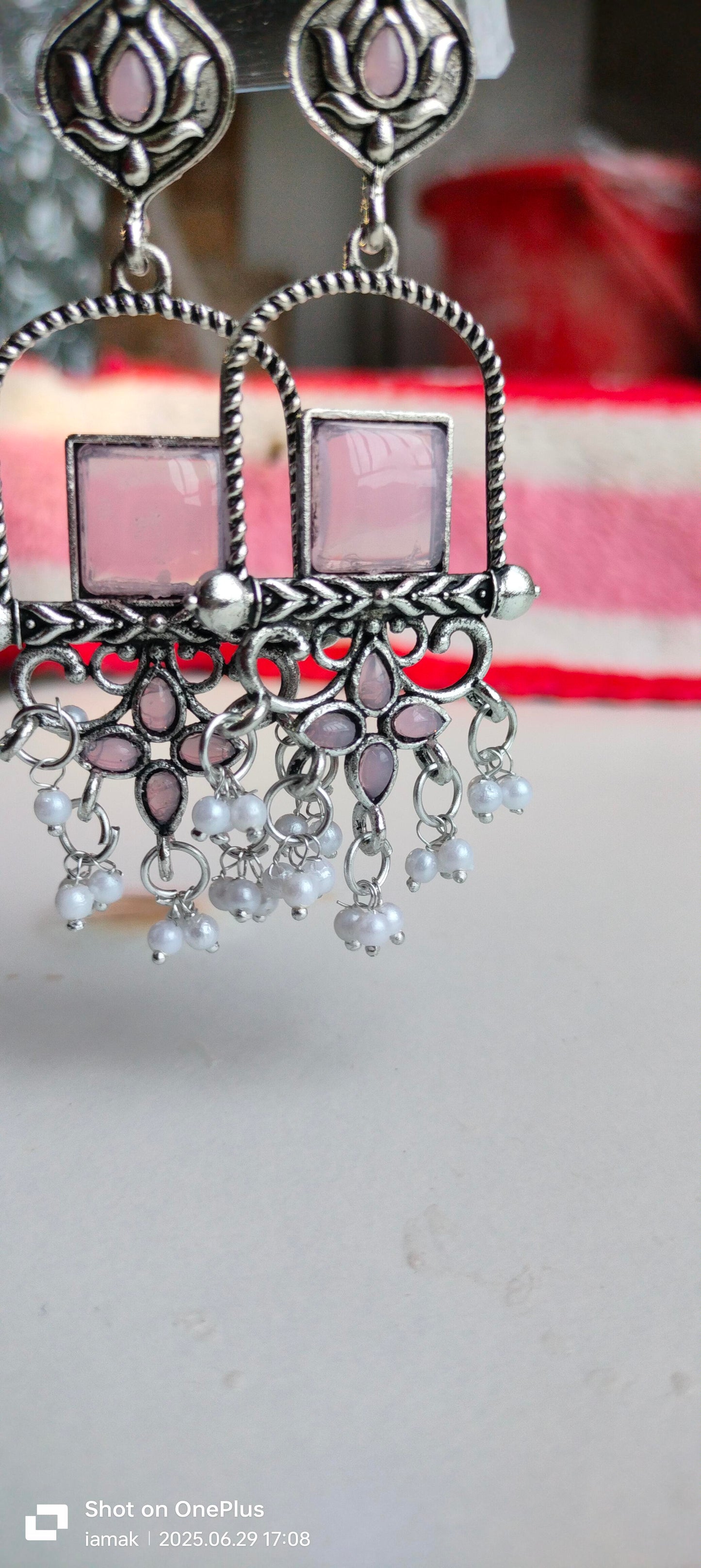 Oxidised Silver Light Pink Square Dangler Earrings with Pearl Drops – Party Wear Jewelry for Women & Girls