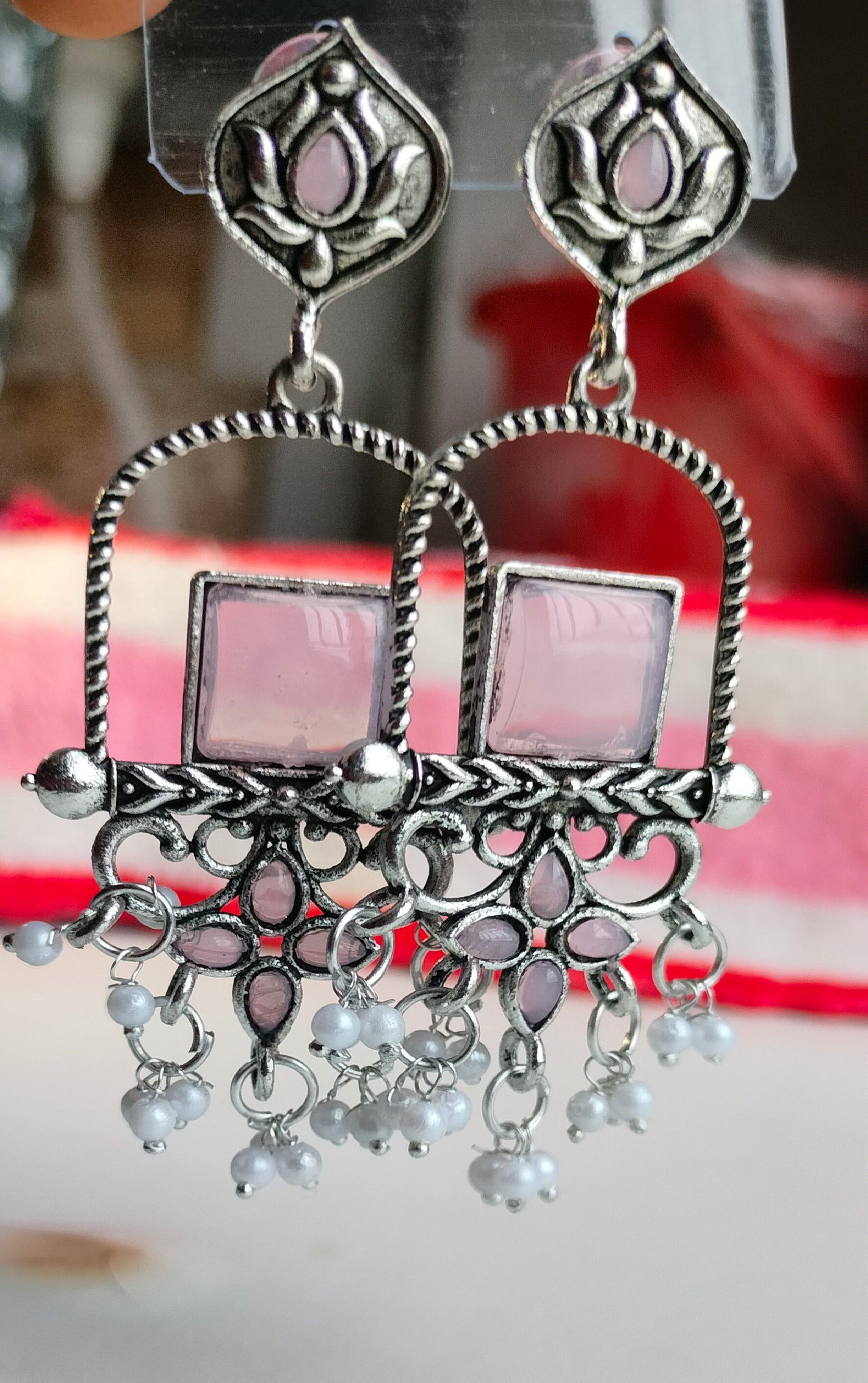 Oxidised Silver Light Pink Square Dangler Earrings with Pearl Drops – Party Wear Jewelry for Women & Girls