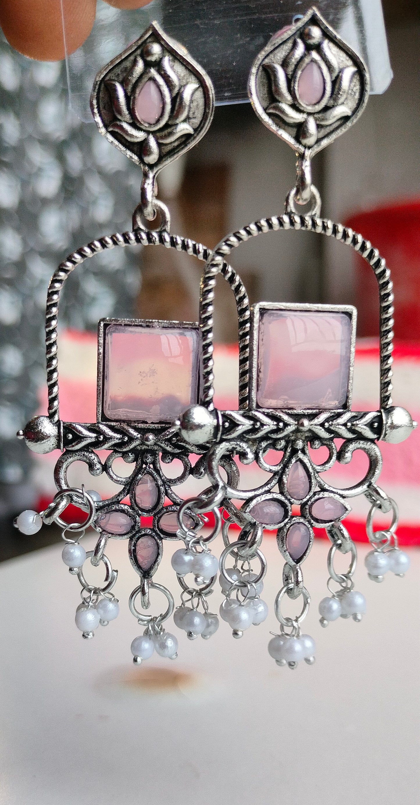 Oxidised Silver Light Pink Square Dangler Earrings with Pearl Drops – Party Wear Jewelry for Women & Girls