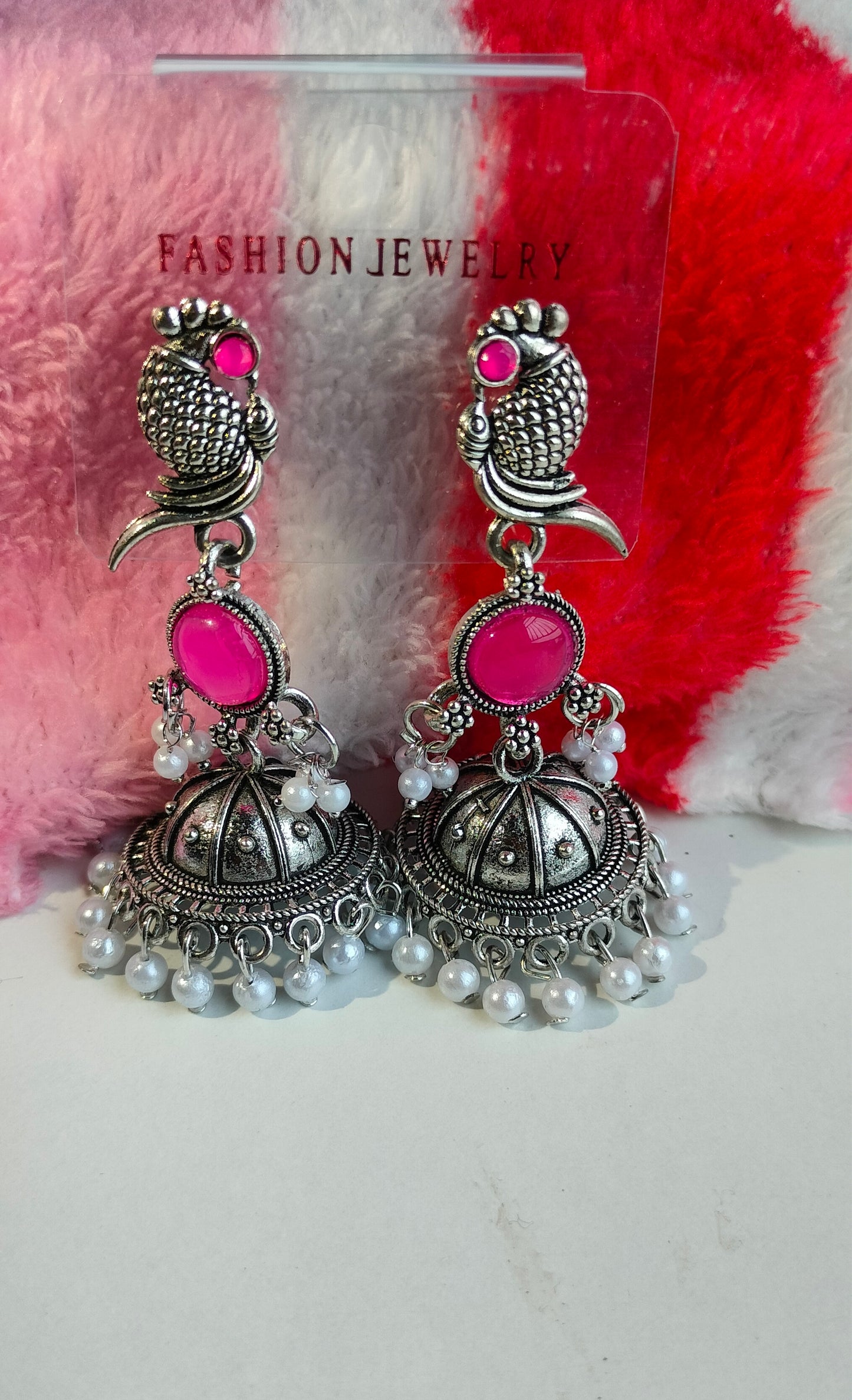 Oxidized Silver Peacock Jhumka Earrings with Pink Stone & Pearl Drops – Traditional Ethnic Jewelry for Women