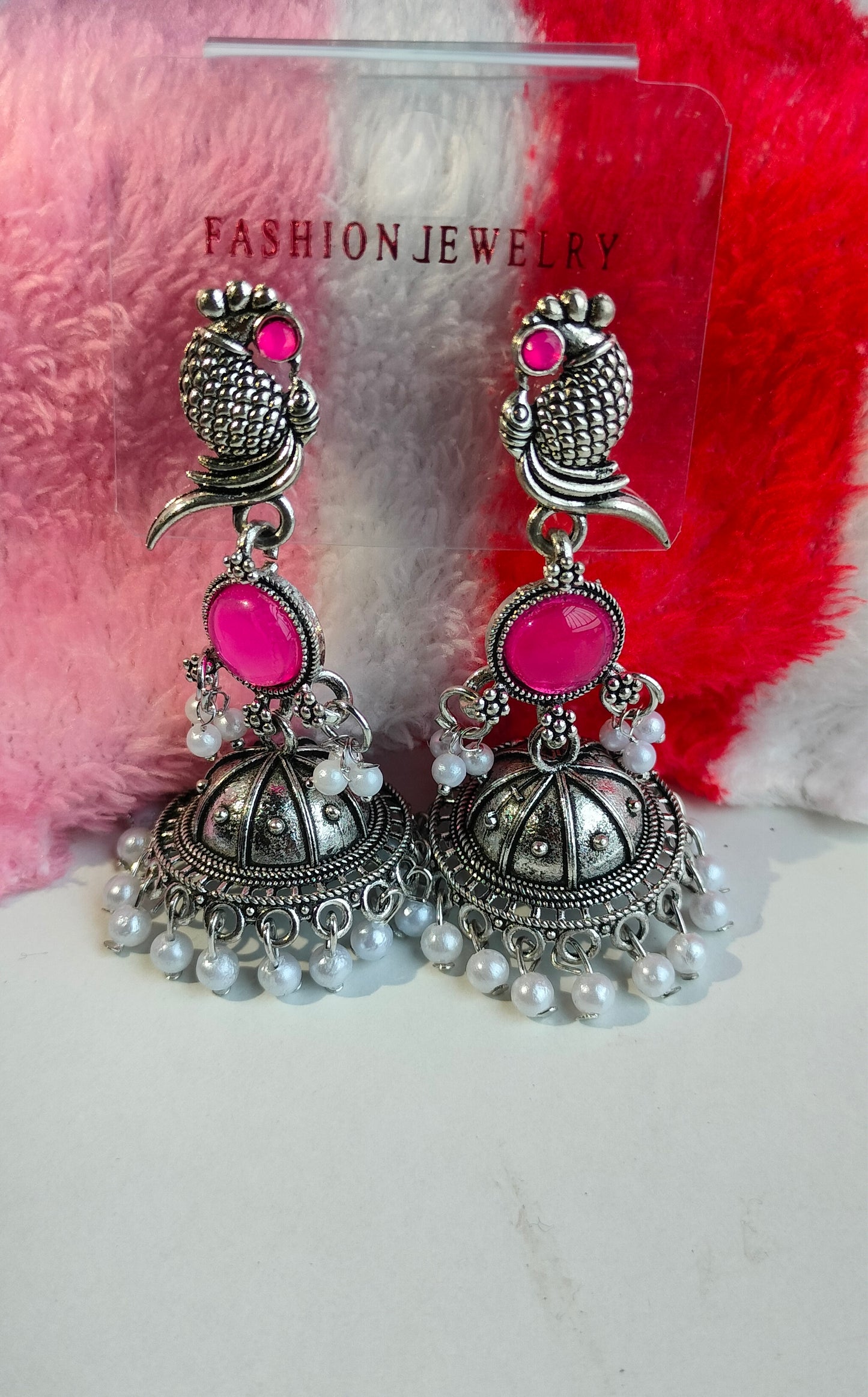 Oxidized Silver Peacock Jhumka Earrings with Pink Stone & Pearl Drops – Traditional Ethnic Jewelry for Women