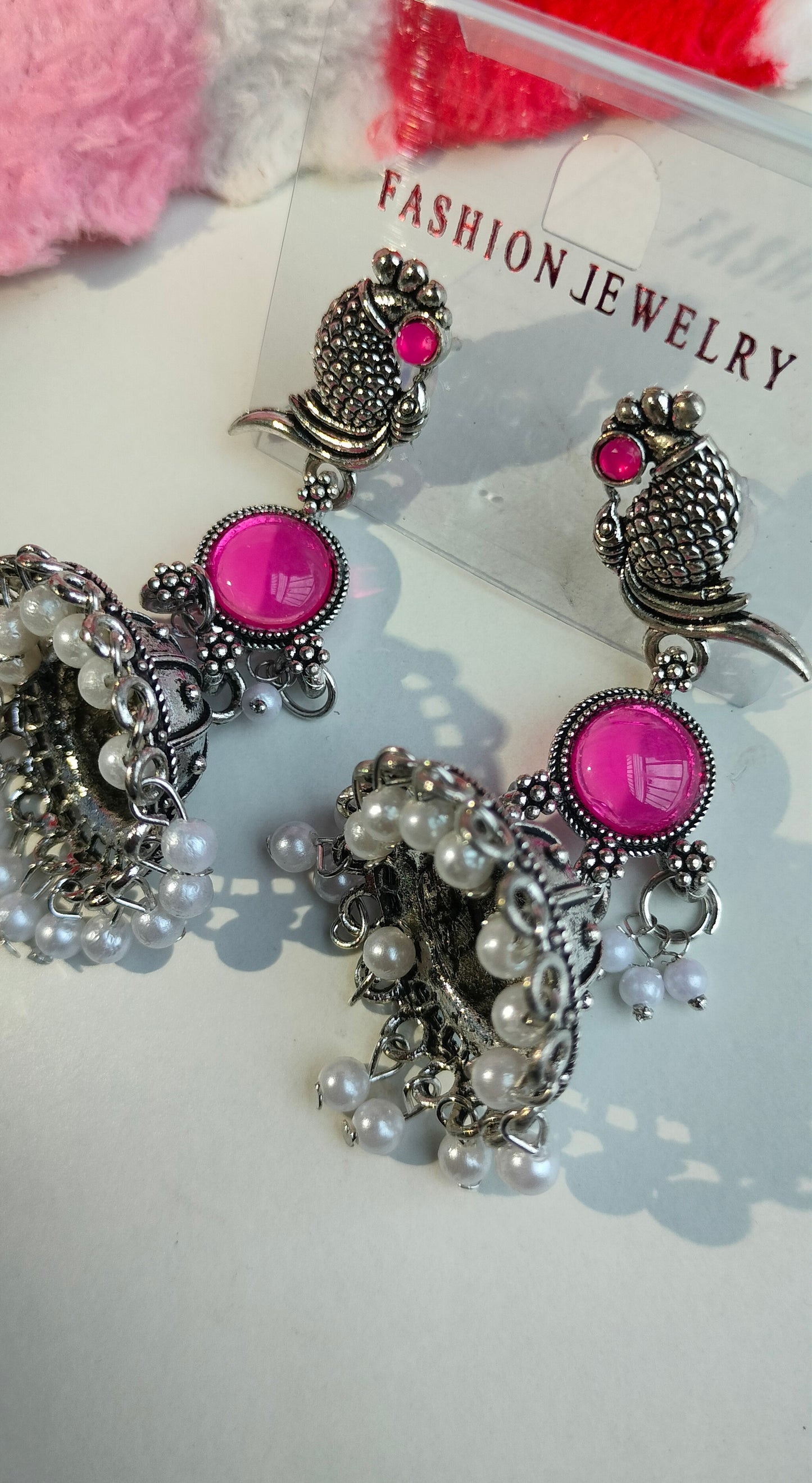 Oxidized Silver Peacock Jhumka Earrings with Pink Stone & Pearl Drops – Traditional Ethnic Jewelry for Women