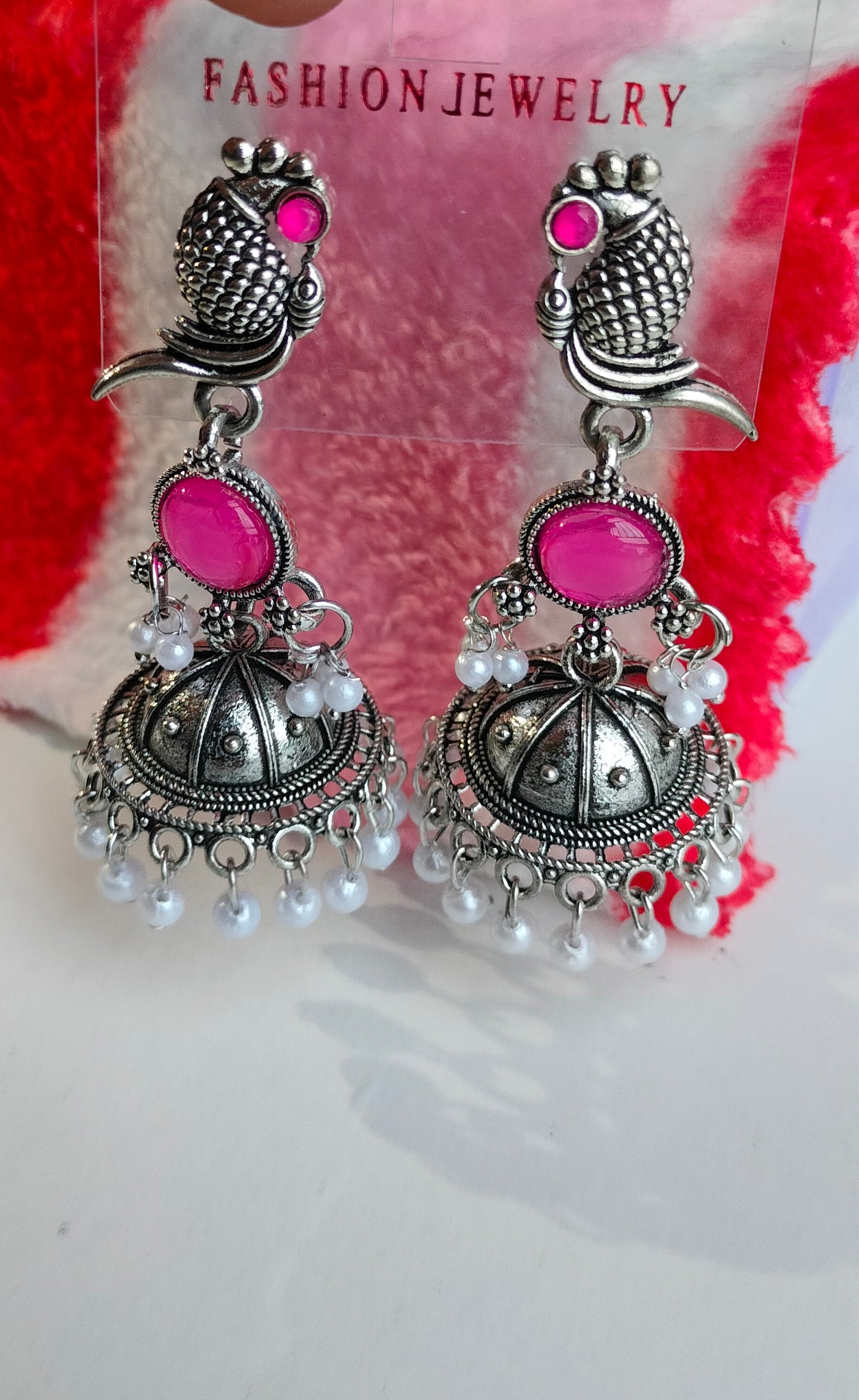 Oxidized Silver Peacock Jhumka Earrings with Pink Stone & Pearl Drops – Traditional Ethnic Jewelry for Women