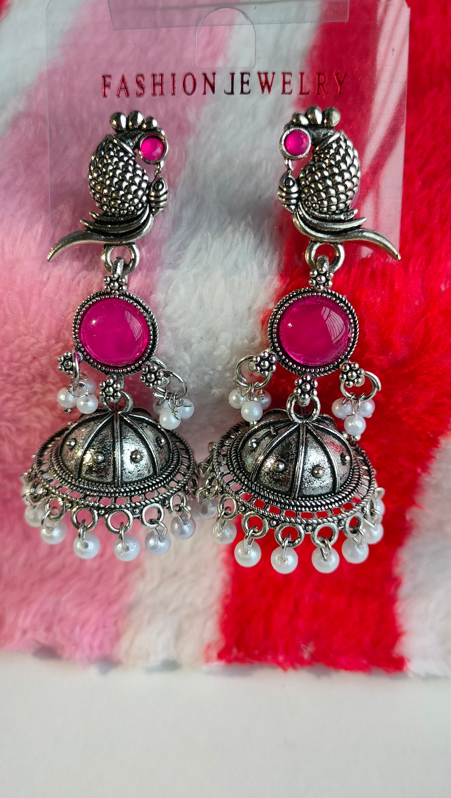 Oxidized Silver Peacock Jhumka Earrings with Pink Stone & Pearl Drops – Traditional Ethnic Jewelry for Women