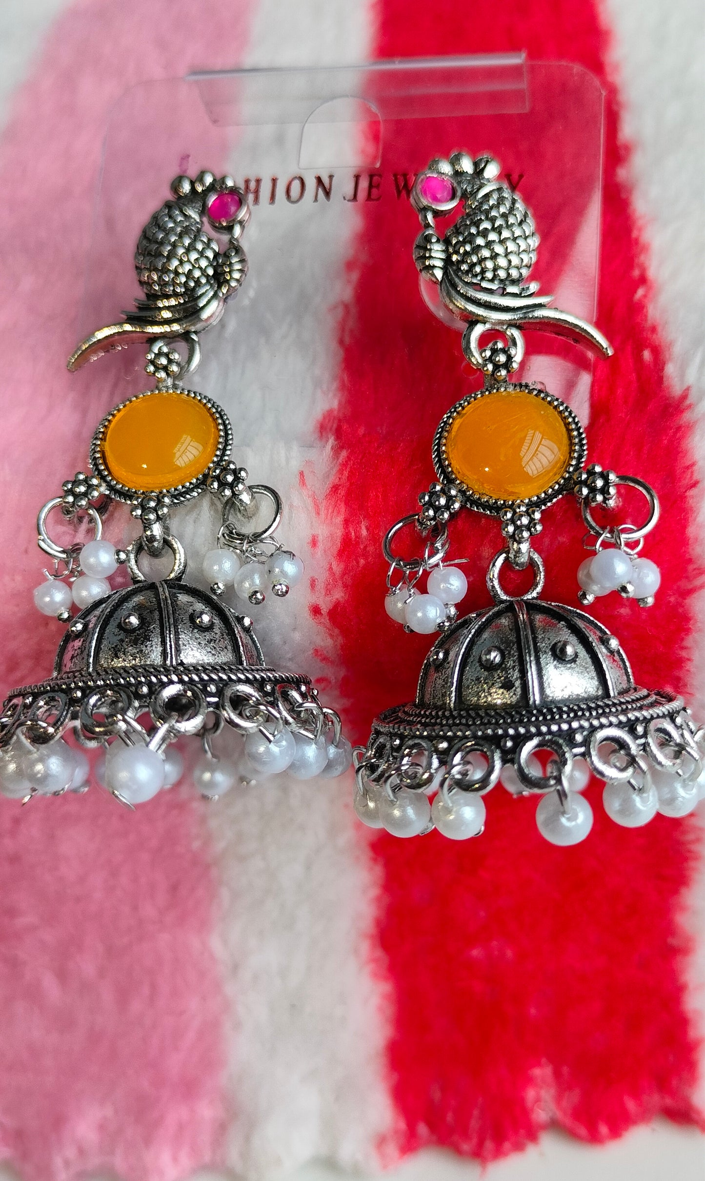 Oxidized Silver Peacock Jhumka Earrings with Yellow Stone & Pearl Drops – Traditional Ethnic Jewelry for Women