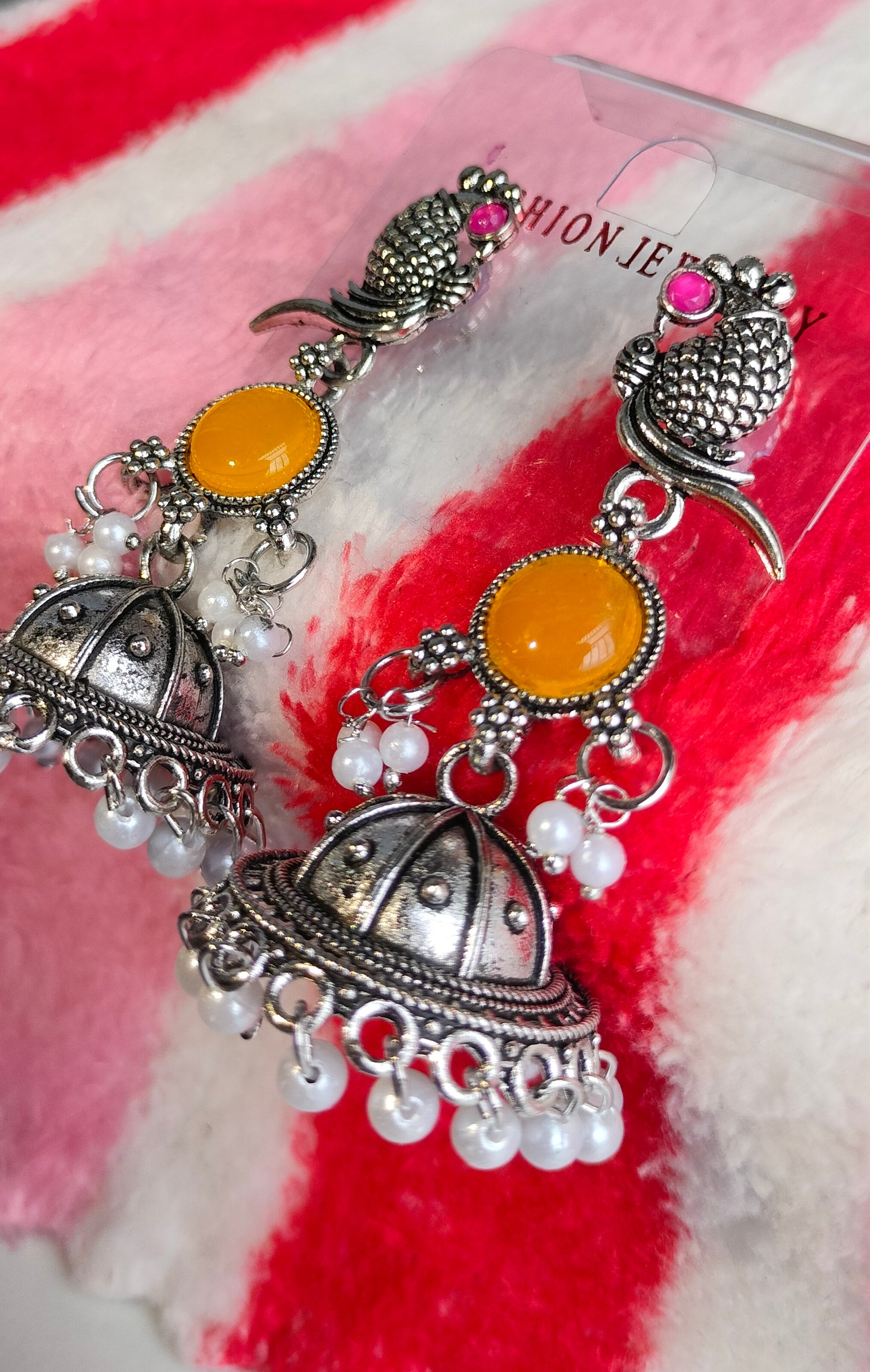 Oxidized Silver Peacock Jhumka Earrings with Yellow Stone & Pearl Drops – Traditional Ethnic Jewelry for Women