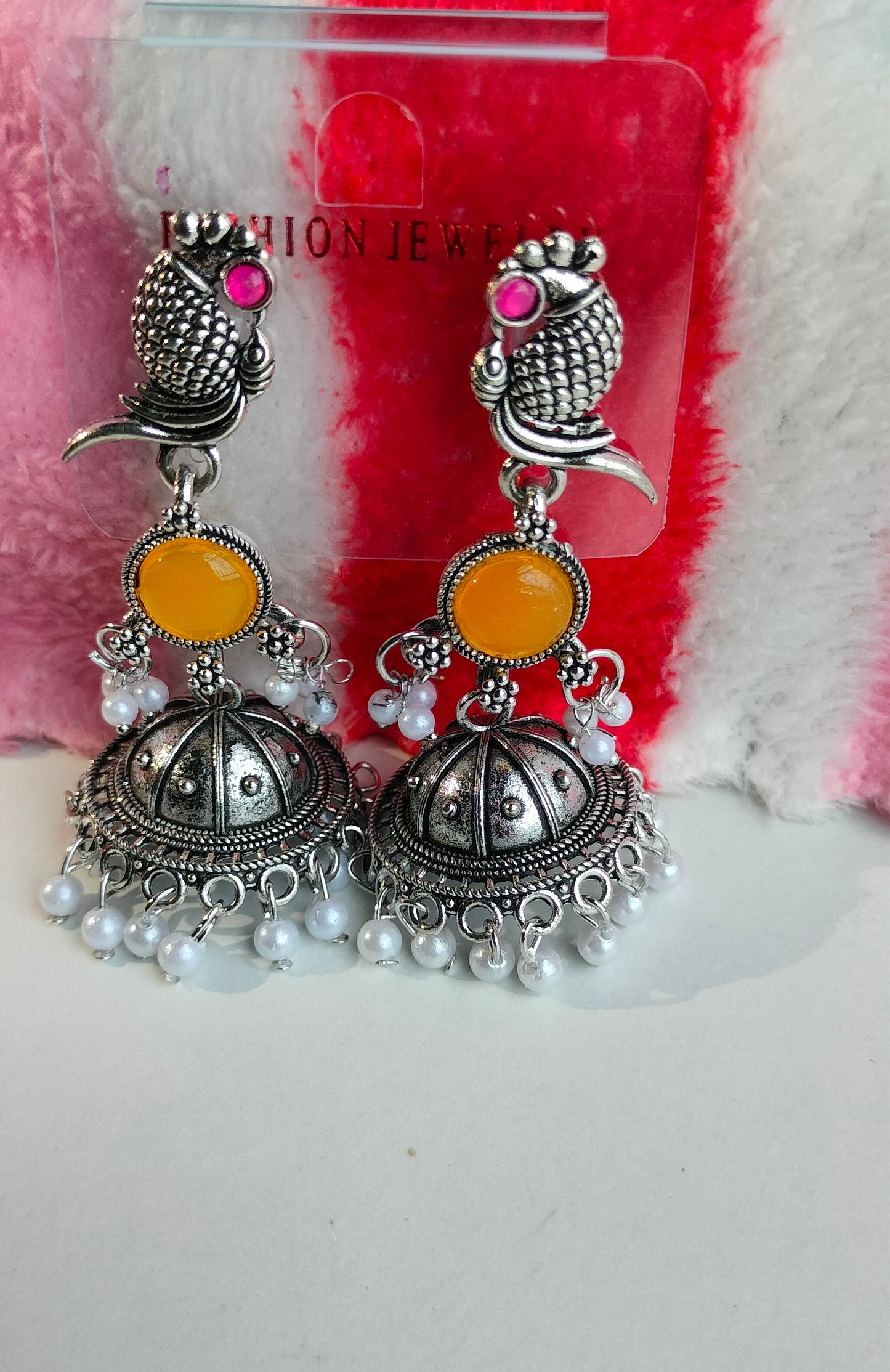 Oxidized Silver Peacock Jhumka Earrings with Yellow Stone & Pearl Drops – Traditional Ethnic Jewelry for Women