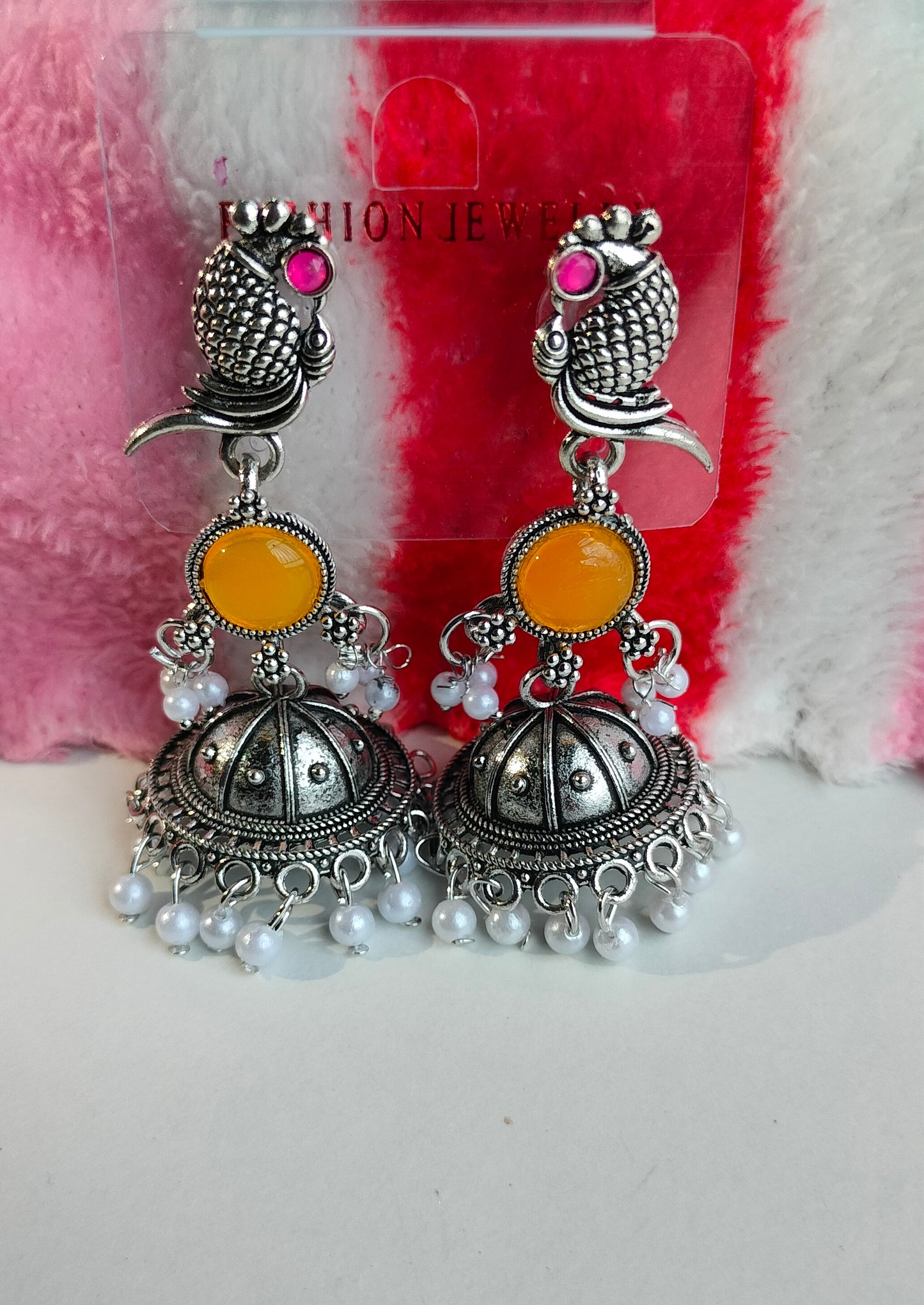 Oxidized Silver Peacock Jhumka Earrings with Yellow Stone & Pearl Drops – Traditional Ethnic Jewelry for Women