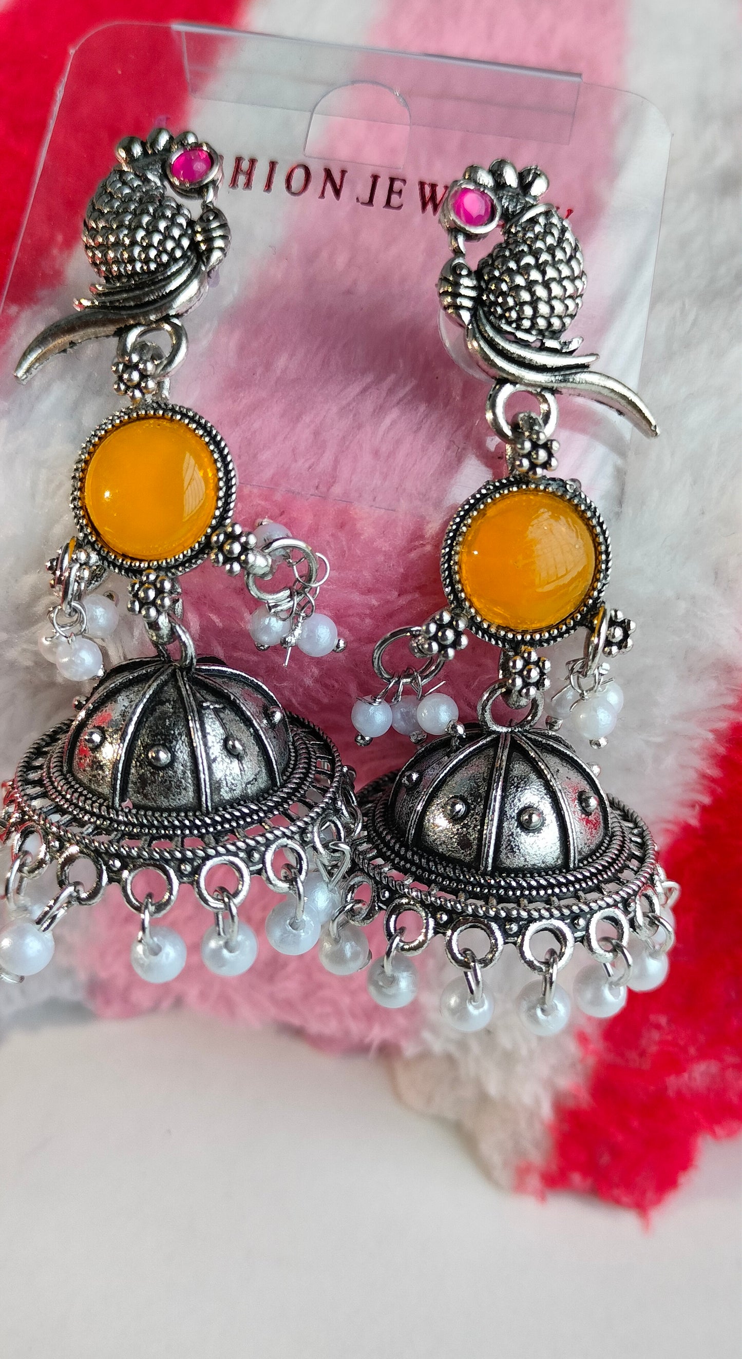 Oxidized Silver Peacock Jhumka Earrings with Yellow Stone & Pearl Drops – Traditional Ethnic Jewelry for Women