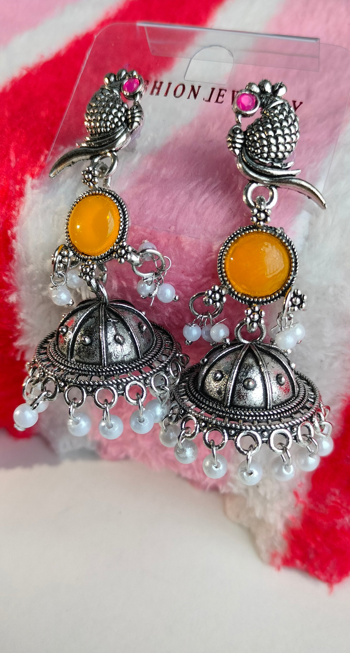 Oxidized Silver Peacock Jhumka Earrings with Yellow Stone & Pearl Drops – Traditional Ethnic Jewelry for Women