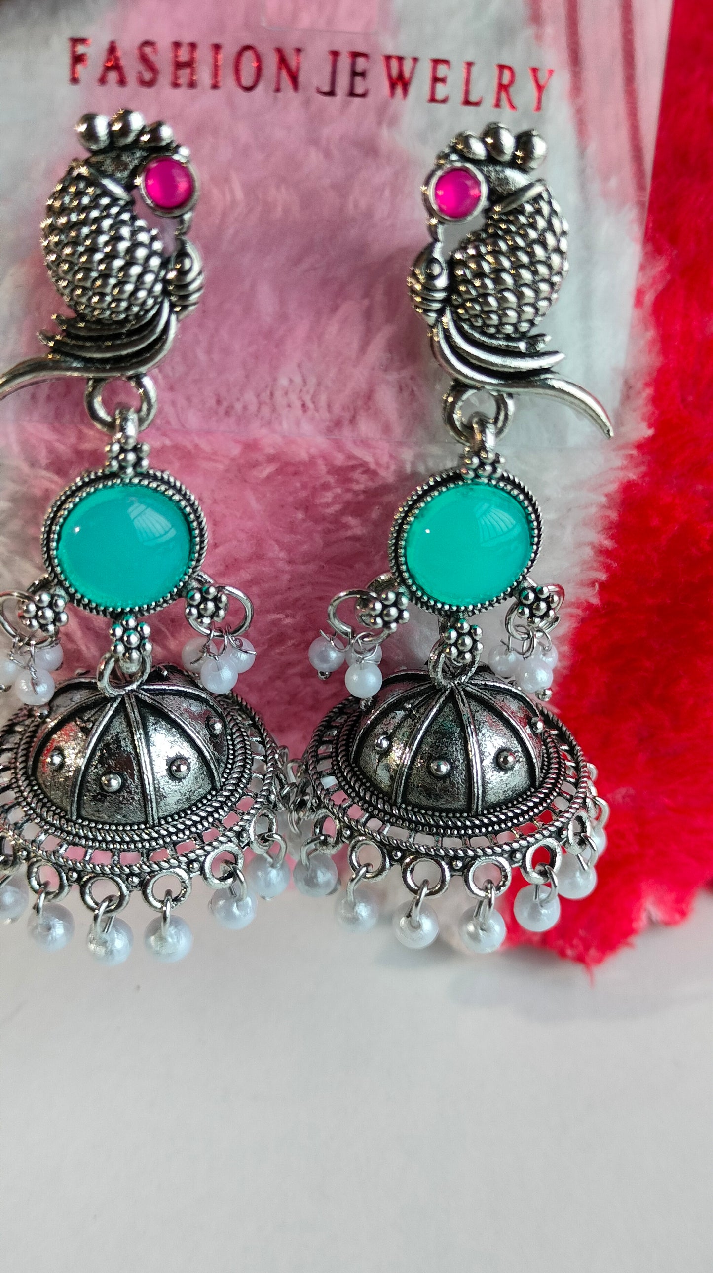 Oxidized Silver Peacock Jhumka Earrings with Rama Green Stone & Pearl Drops – Traditional Ethnic Jewelry for Women