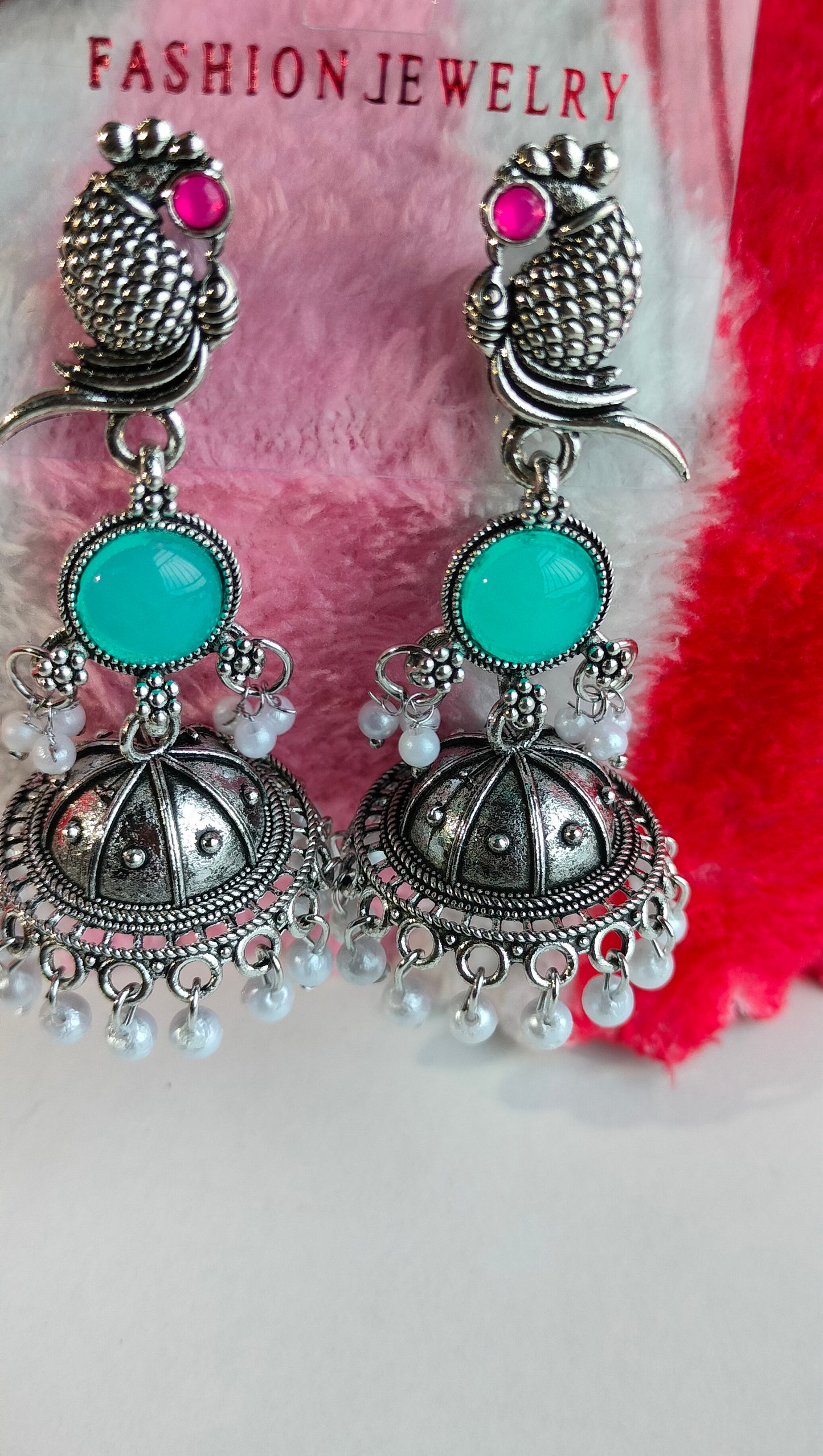 Oxidized Silver Peacock Jhumka Earrings with Rama Green Stone & Pearl Drops – Traditional Ethnic Jewelry for Women