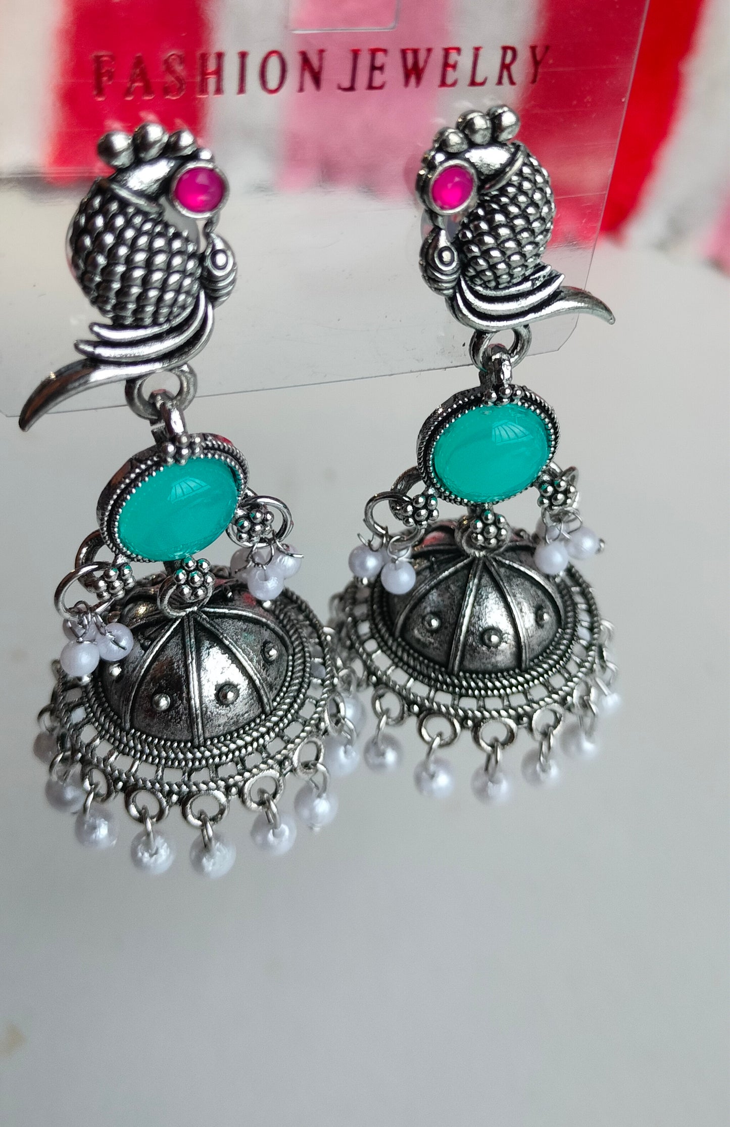 Oxidized Silver Peacock Jhumka Earrings with Rama Green Stone & Pearl Drops – Traditional Ethnic Jewelry for Women