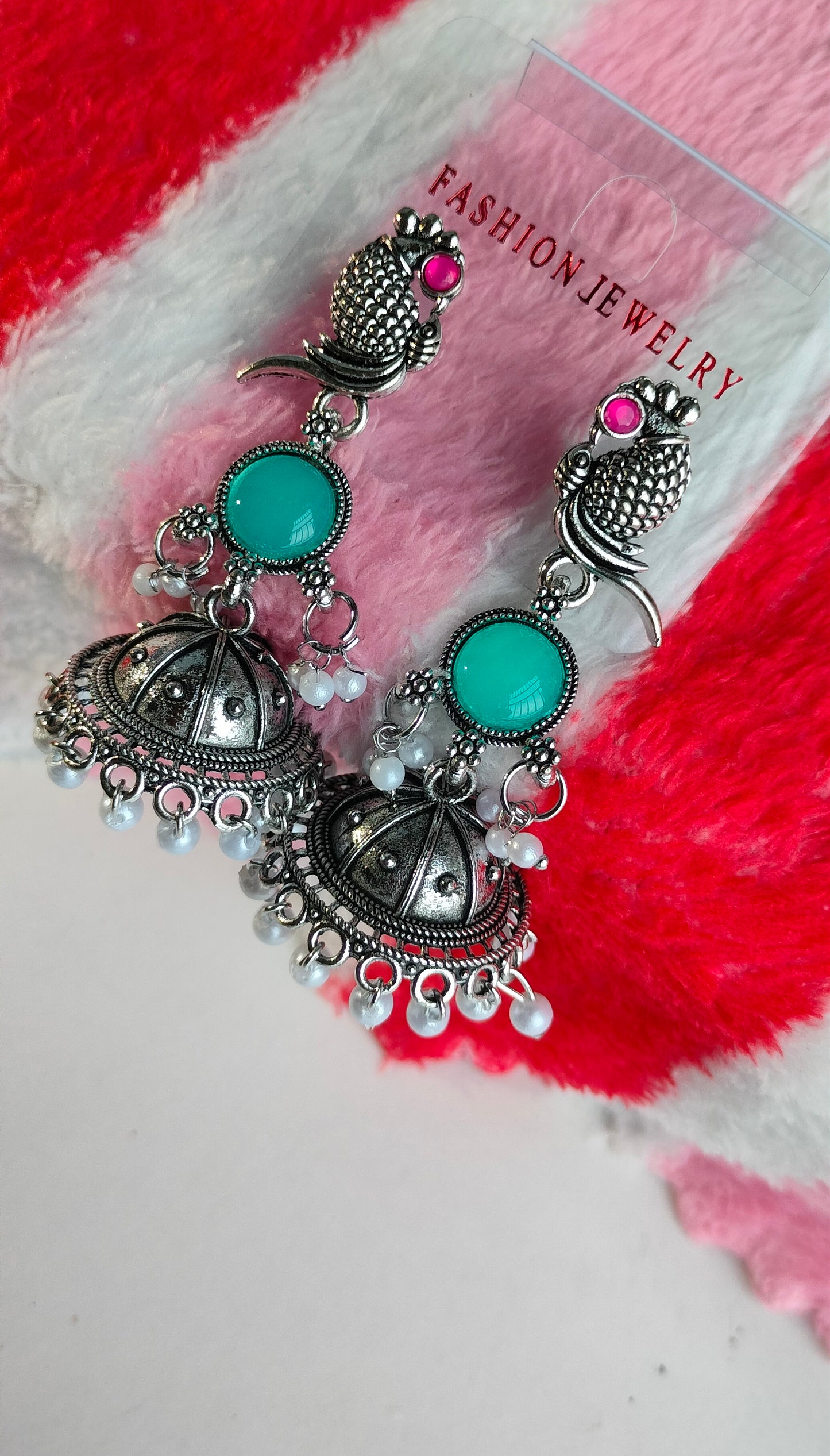 Oxidized Silver Peacock Jhumka Earrings with Rama Green Stone & Pearl Drops – Traditional Ethnic Jewelry for Women