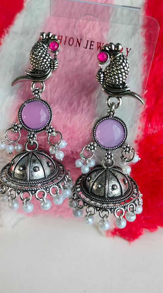 Oxidized Silver Peacock Jhumka Earrings with Purple Stone & Pearl Drops – Traditional Ethnic Jewelry for Women