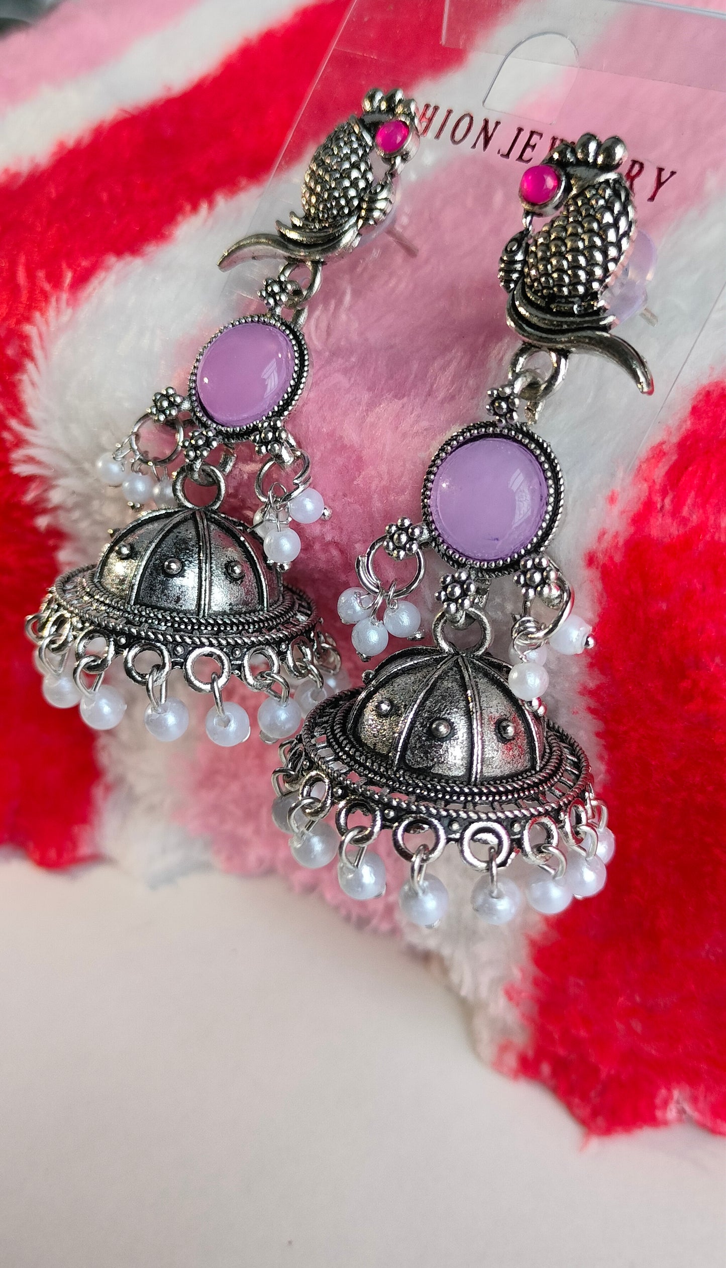 Oxidized Silver Peacock Jhumka Earrings with Purple Stone & Pearl Drops – Traditional Ethnic Jewelry for Women