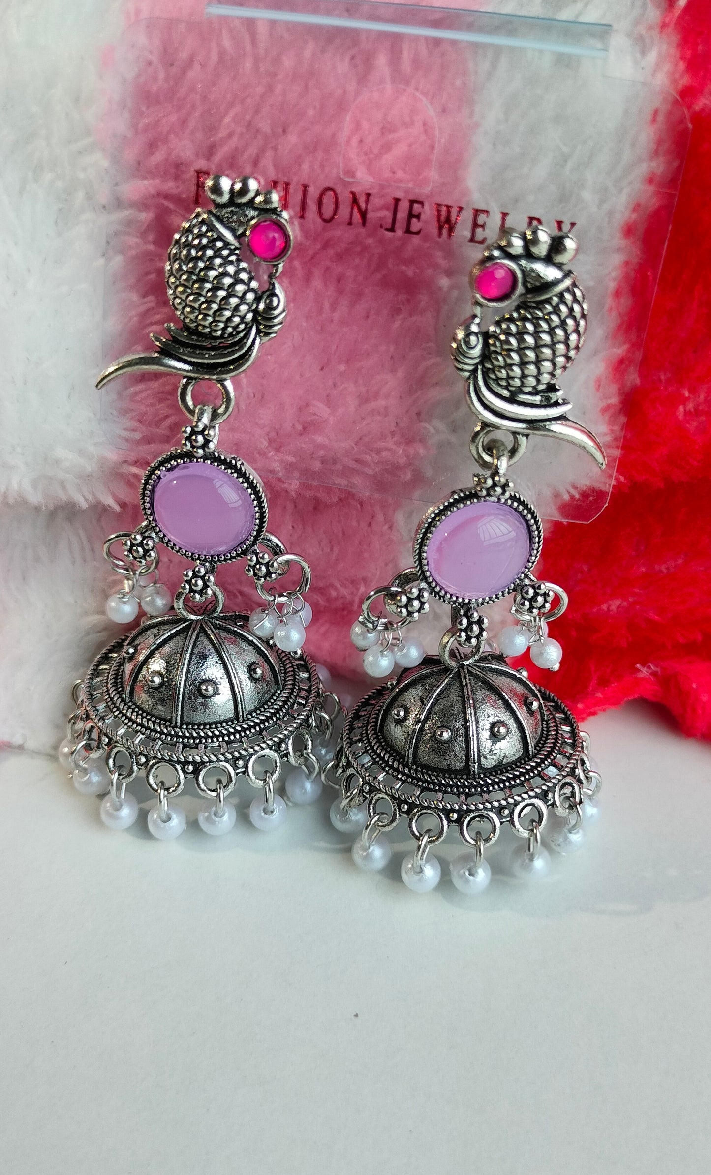 Oxidized Silver Peacock Jhumka Earrings with Purple Stone & Pearl Drops – Traditional Ethnic Jewelry for Women