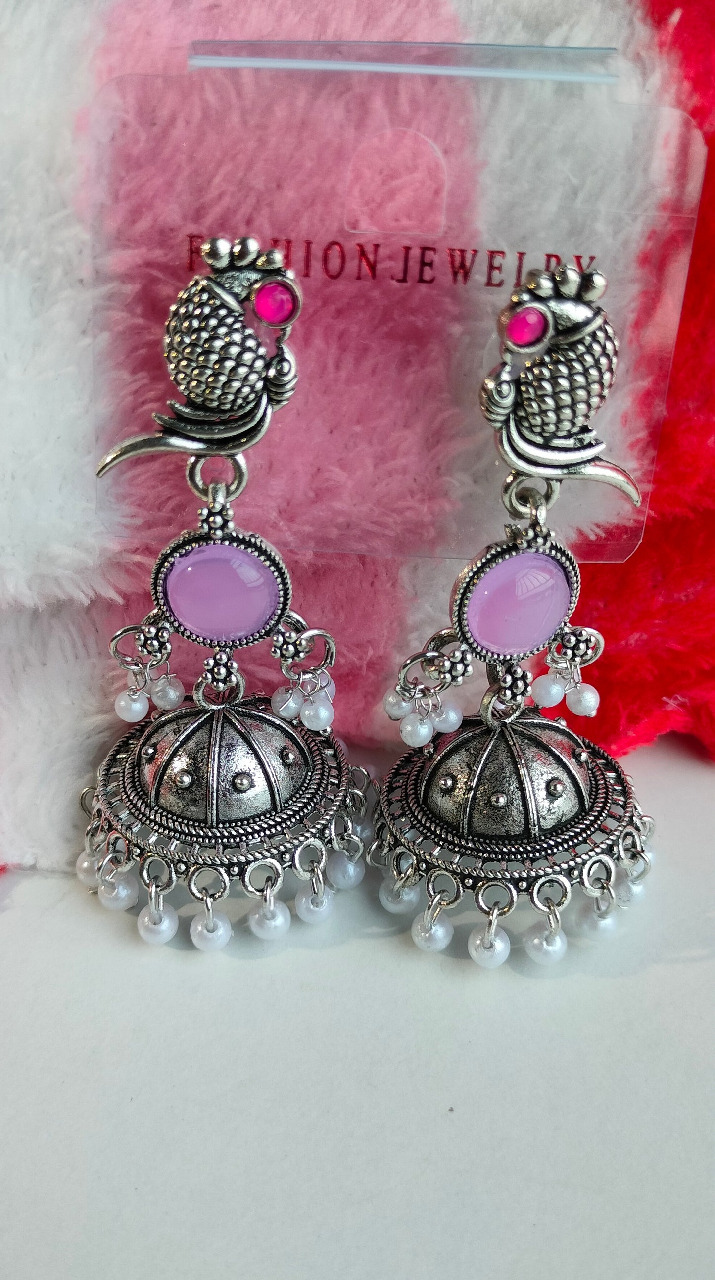 Oxidized Silver Peacock Jhumka Earrings with Purple Stone & Pearl Drops – Traditional Ethnic Jewelry for Women