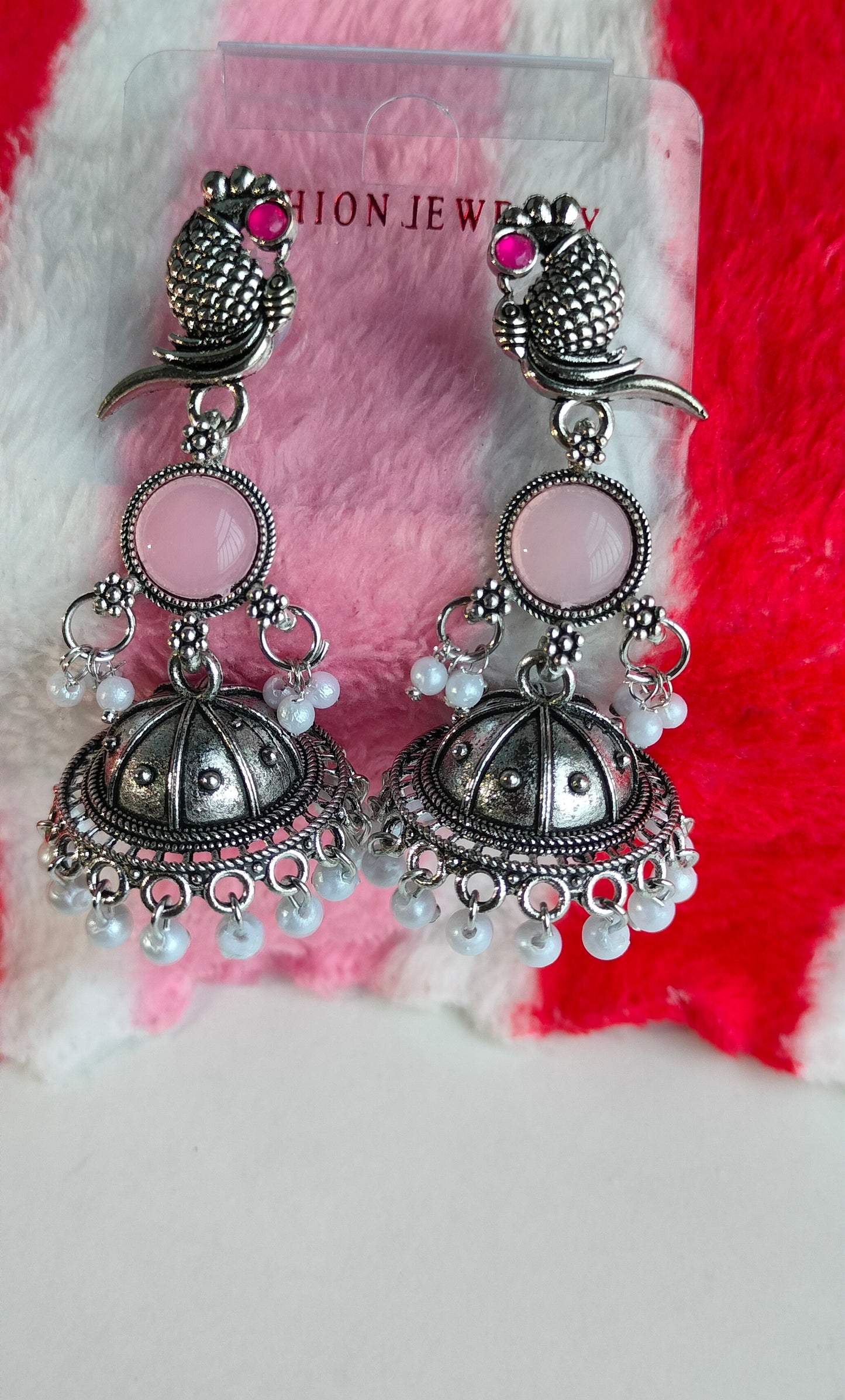 Oxidized Silver Peacock Jhumka Earrings with Light Pink Stone & Pearl Drops – Traditional Ethnic Jewelry for Women