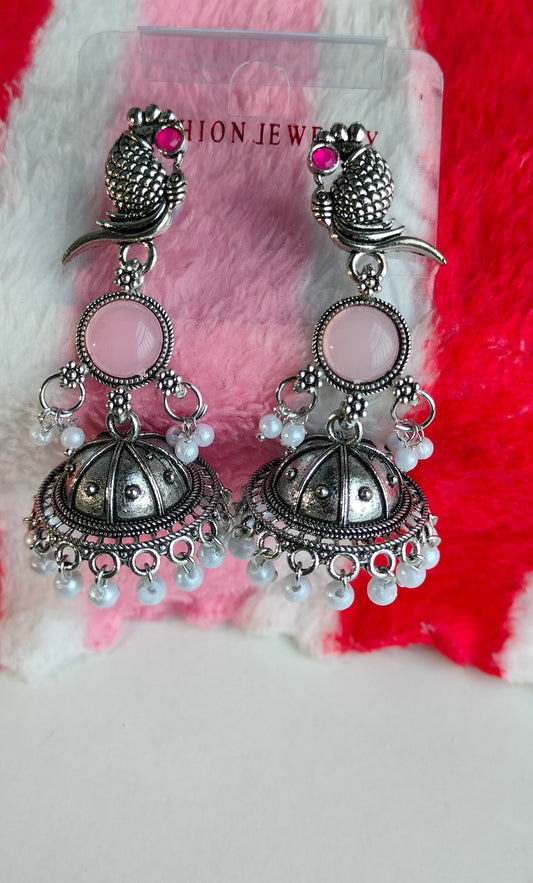 Oxidized Silver Peacock Jhumka Earrings with Light Pink Stone & Pearl Drops – Traditional Ethnic Jewelry for Women
