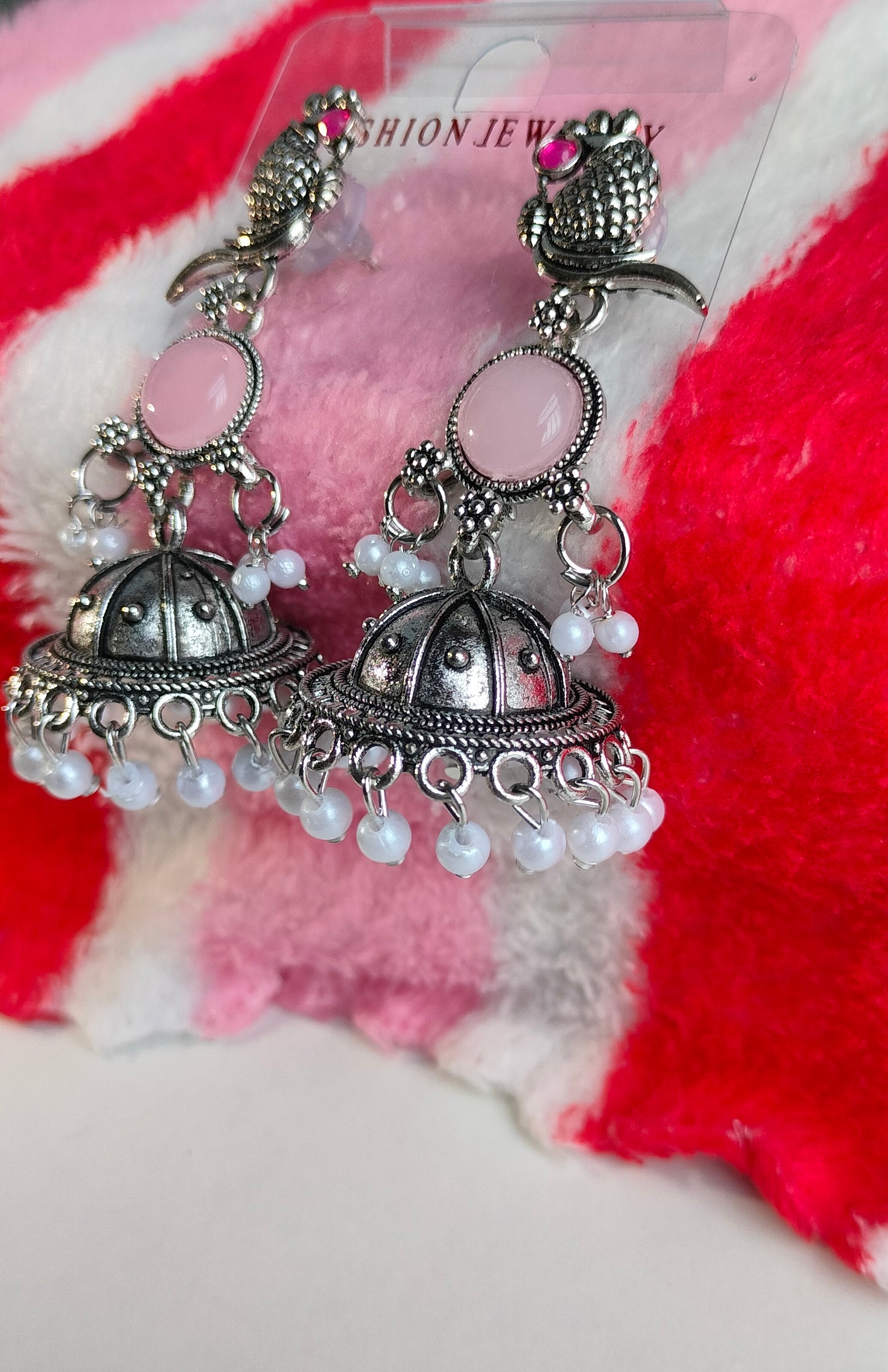 Oxidized Silver Peacock Jhumka Earrings with Light Pink Stone & Pearl Drops – Traditional Ethnic Jewelry for Women