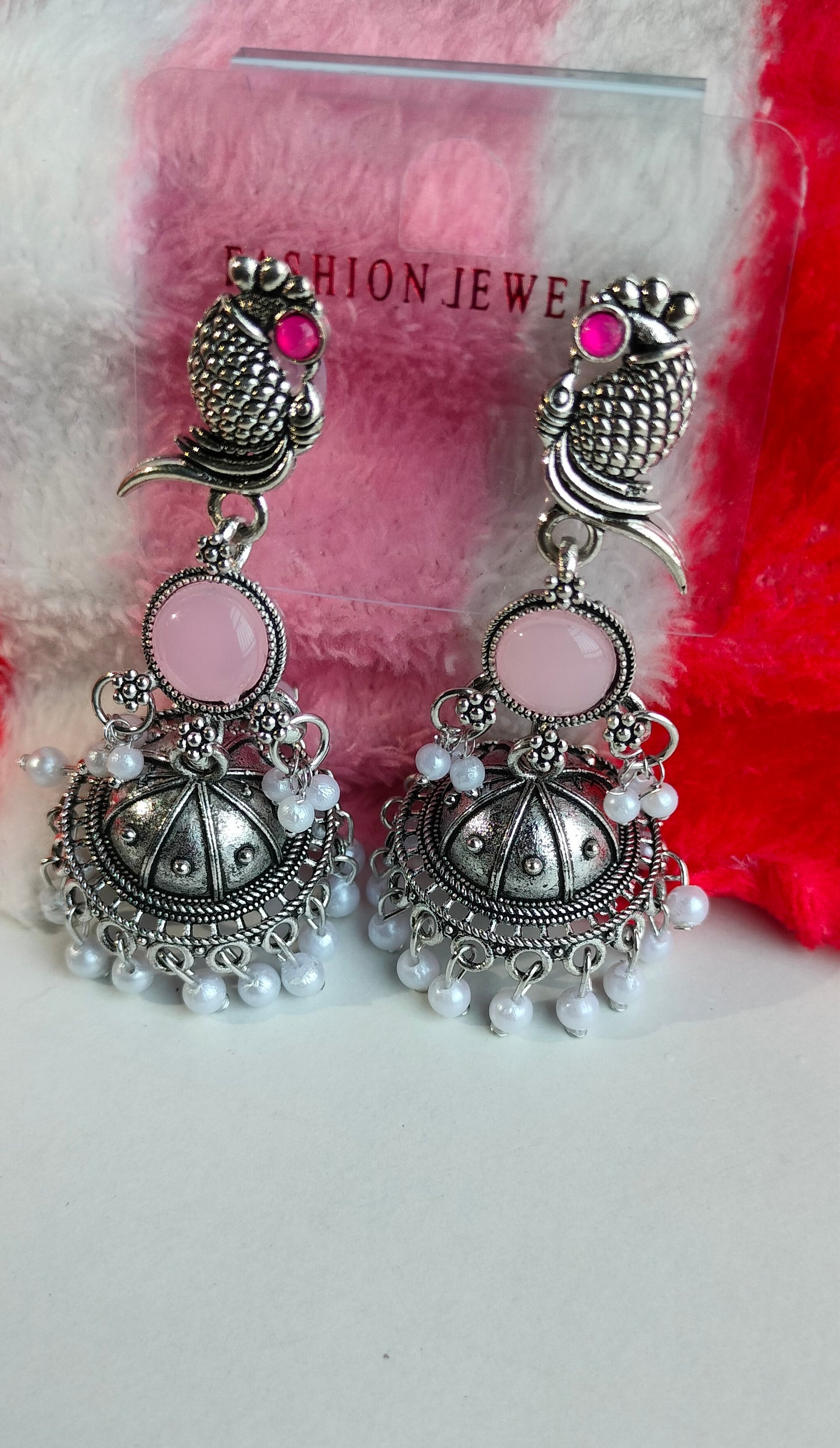 Oxidized Silver Peacock Jhumka Earrings with Light Pink Stone & Pearl Drops – Traditional Ethnic Jewelry for Women
