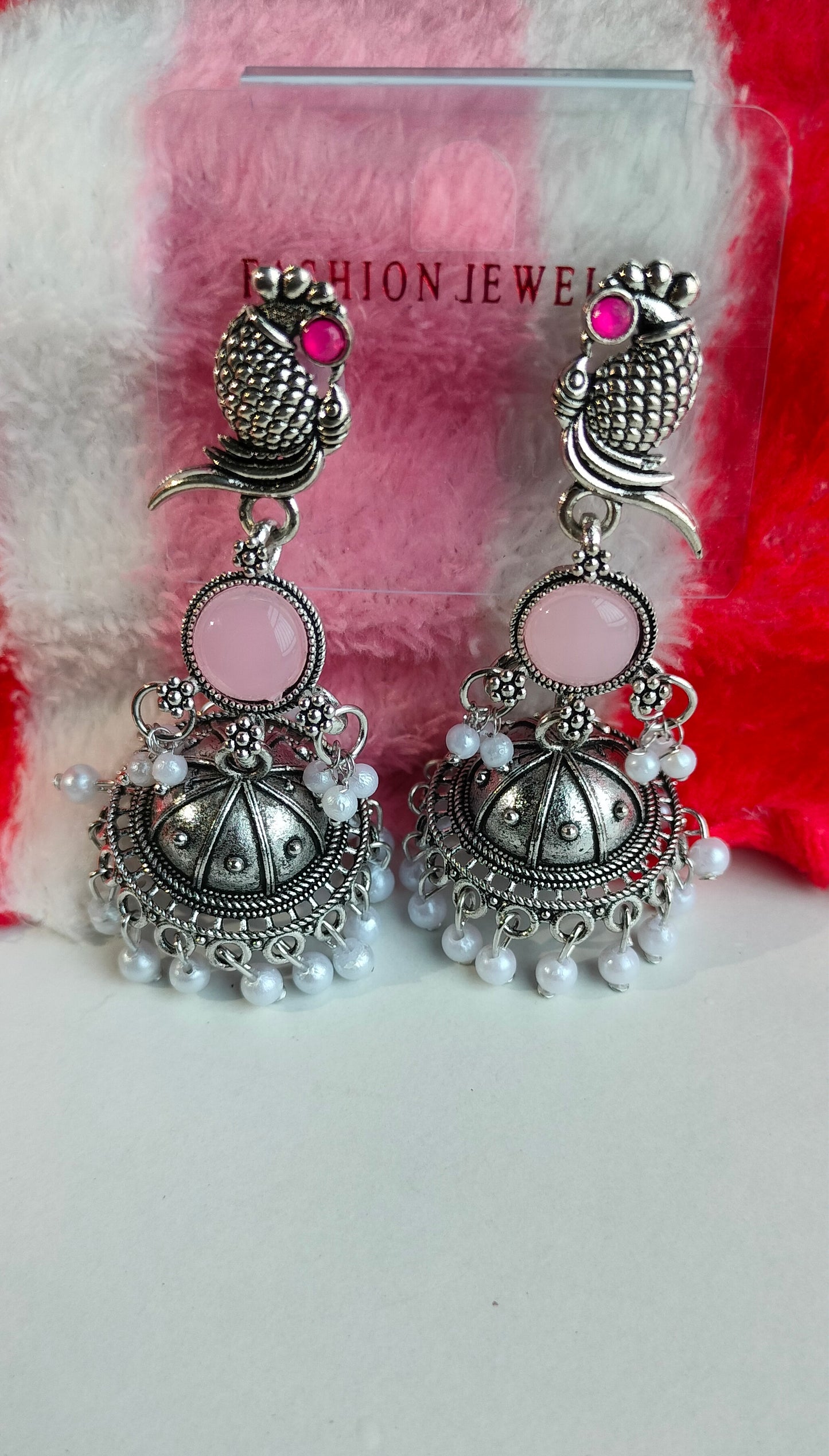 Oxidized Silver Peacock Jhumka Earrings with Light Pink Stone & Pearl Drops – Traditional Ethnic Jewelry for Women