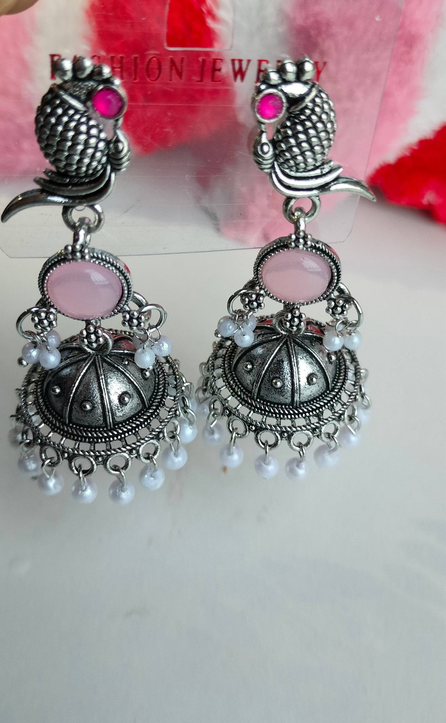 Oxidized Silver Peacock Jhumka Earrings with Light Pink Stone & Pearl Drops – Traditional Ethnic Jewelry for Women